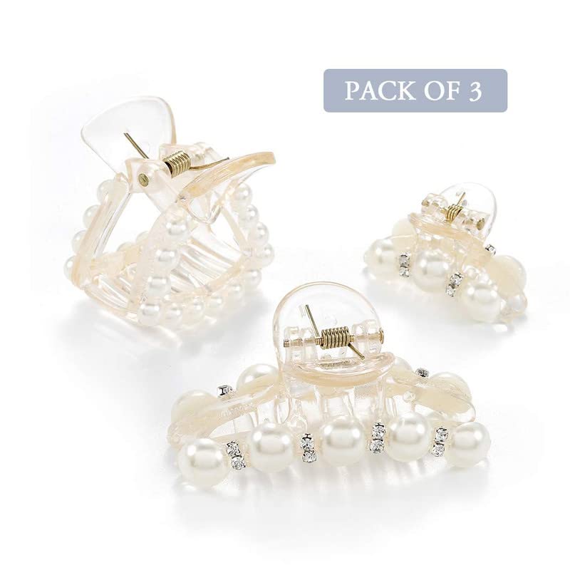BELICIA Pearl Hair Clips for Women - White Crystal Non-Slip Hair Claw Clamps (3-Pack) | Elegant Hair Accessories for Women & Girls | Perfect for Weddings, Parties & Everyday Styling