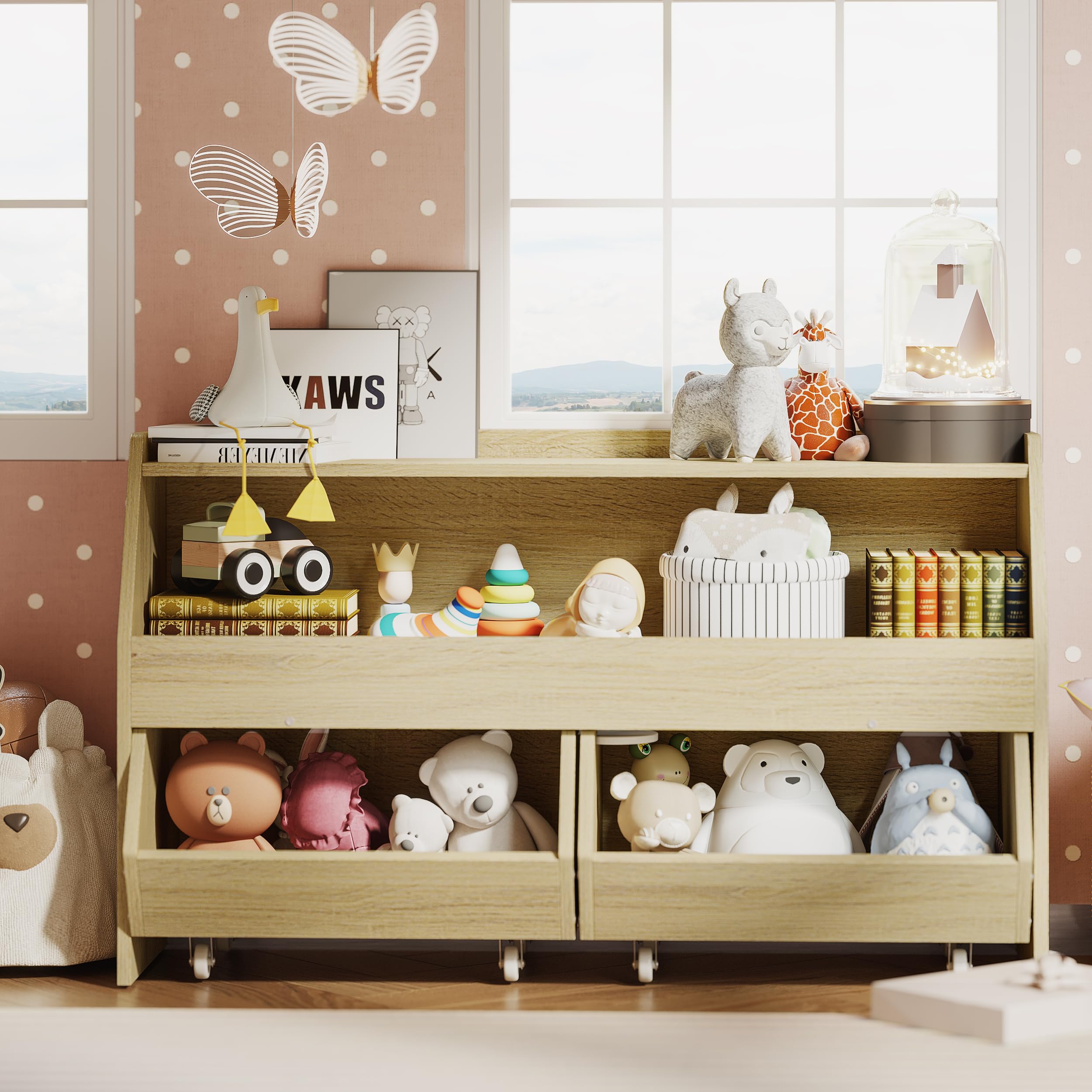 Kids Toy Storage Organizer with Wheels & Drawers - Sturdy Toy Cabinet & Bookshelf for Nursery, Playroom, Bedroom - Perfect for Organizing Toys, Books & Games (Burlywood)