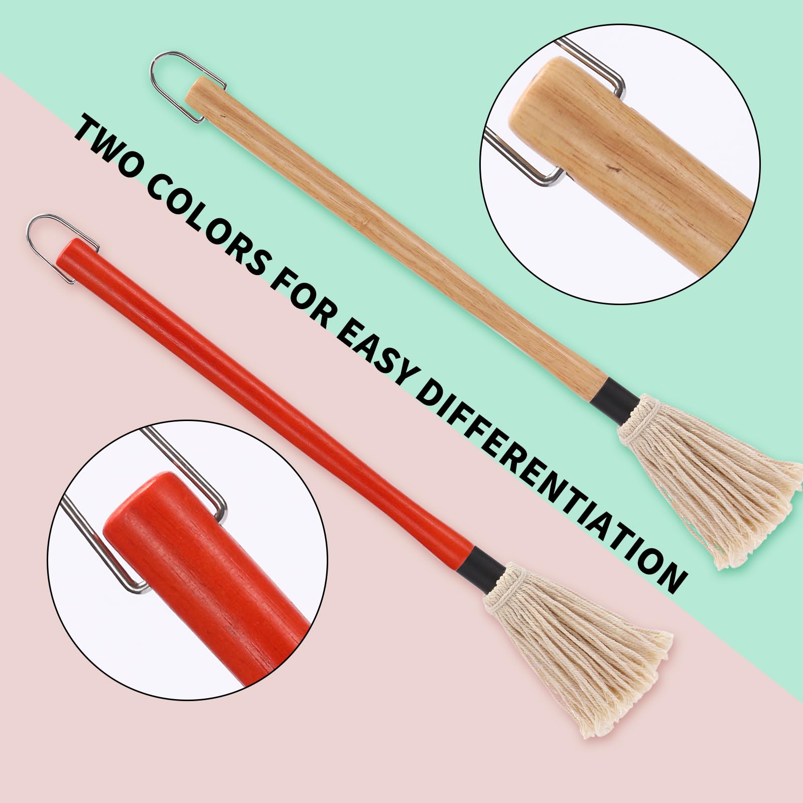 2 Pack 18 Inch BBQ Basting Mop with Wooden Handle - Extra Replacement Brushes Included for Grilling, Smoking Steak & Meat - Perfect for Outdoor Cooking, Backyard BBQ & Camping (Natural Wood & Brown)