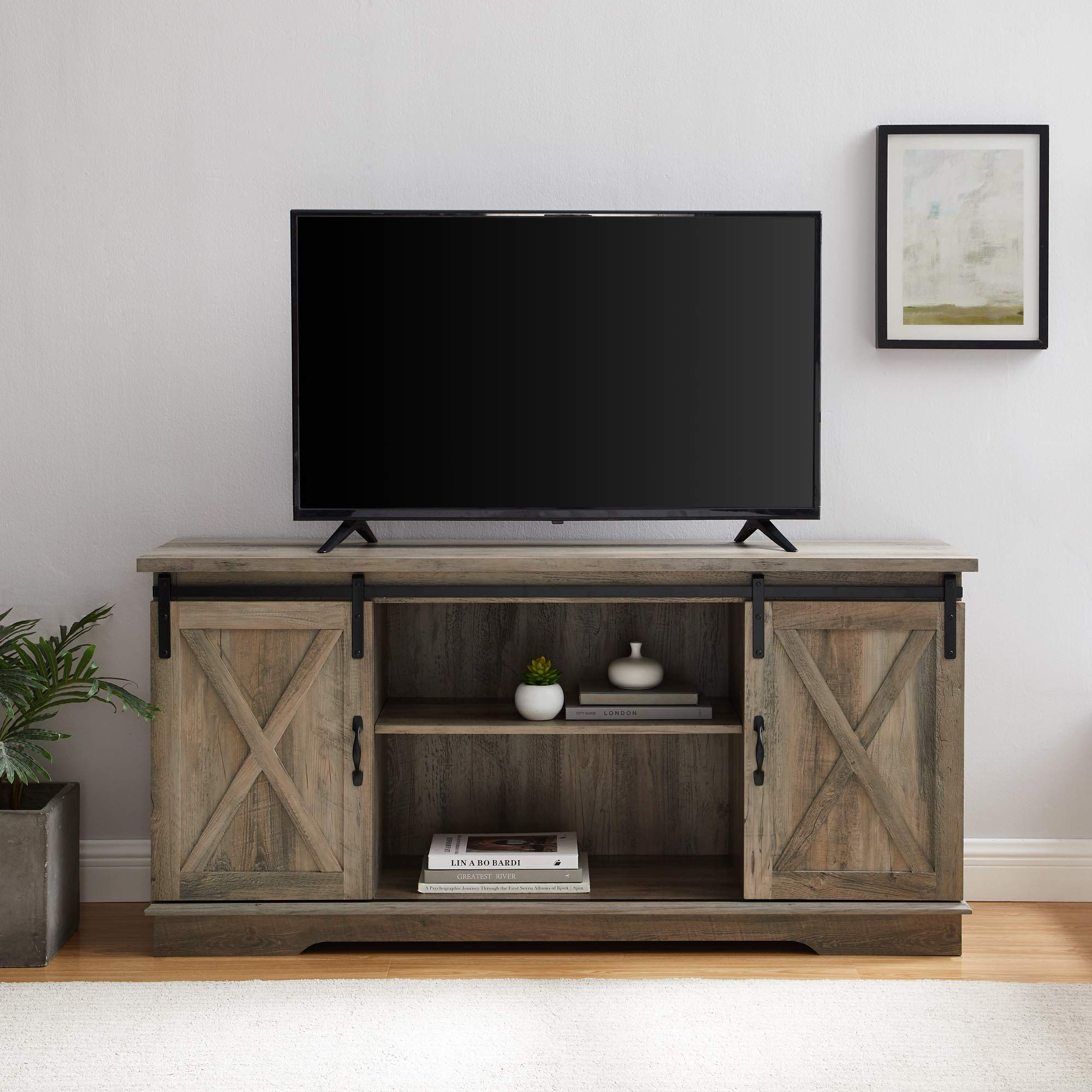 Walker Edison Richmond Modern Farmhouse 65 Inch TV Stand with Sliding Barn Doors - Rustic Grey Wash Finish for Living Room, Bedroom & Home Theater