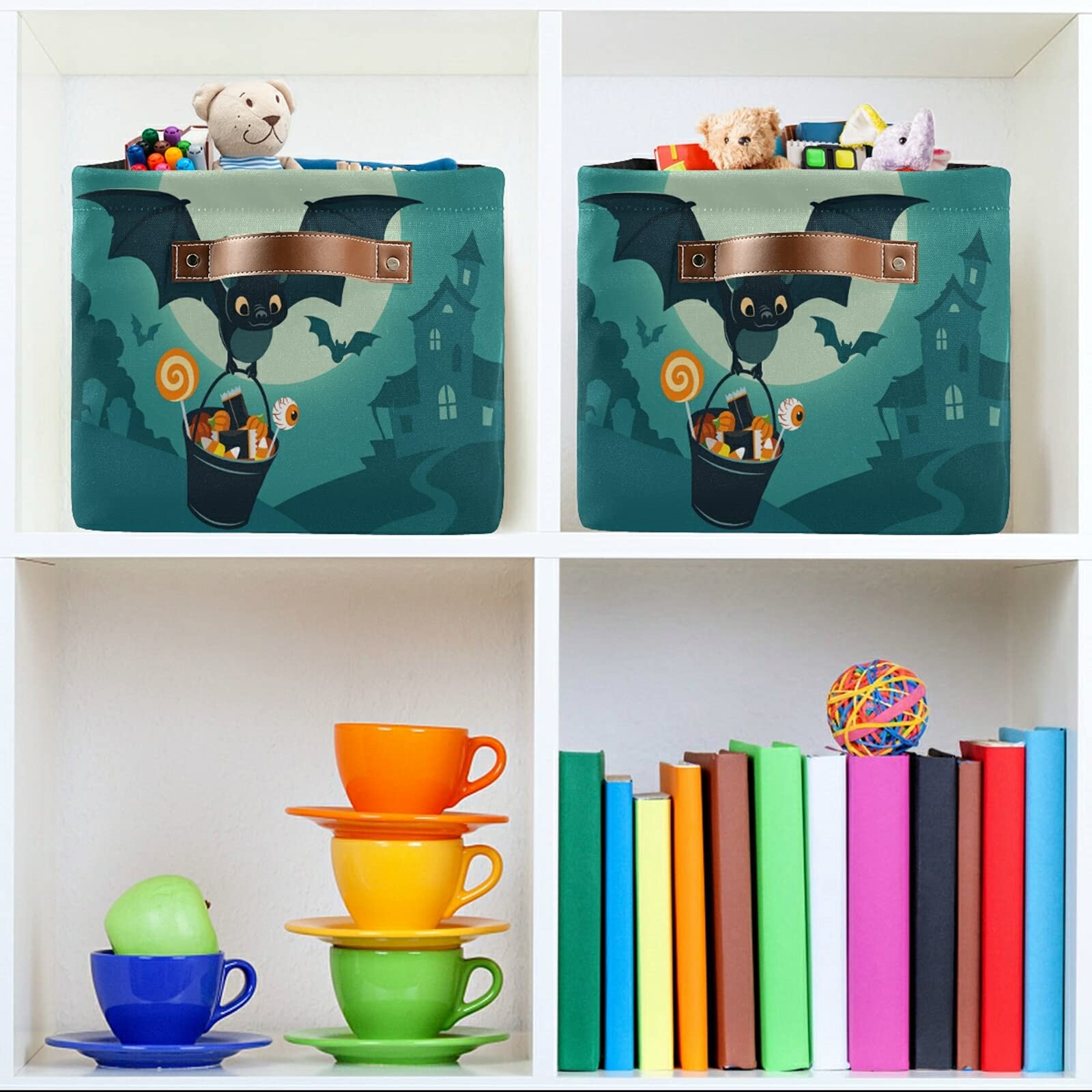 Halloween Cute Bat Flying Foldable Storage Basket - Waterproof Collapsible Fabric Storage Bin with Handles for Shelves, Nursery, Home & Closet Organization (2 Pack) - Perfect for Halloween Decor, Kids Room Storage & Closet Organization