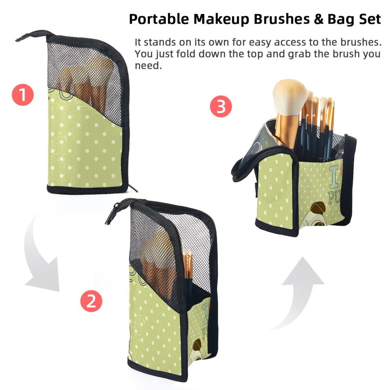 Portable Makeup Brush Organizer Bag with 12 Slots - Cute Pug Dog Pattern Cosmetic Brush Holder Case for Travel & Home Storage