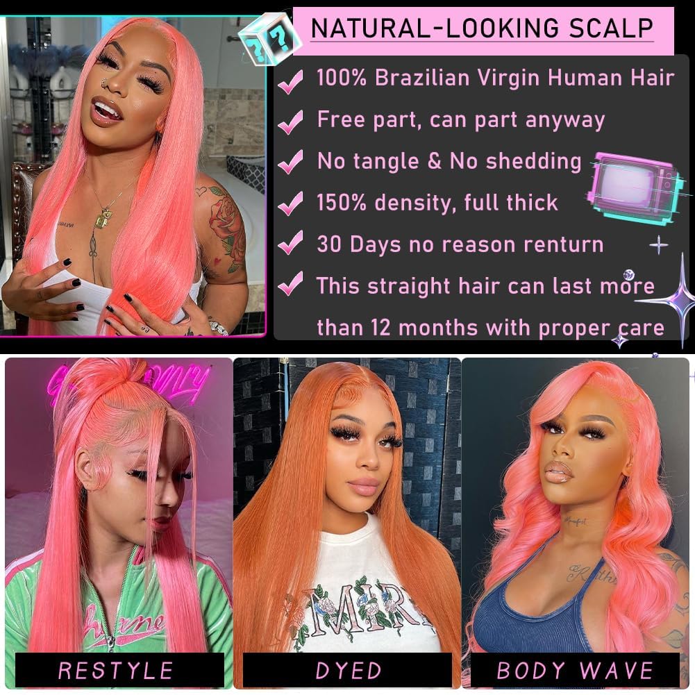 LZGYE 13x4 HD Lace Front Wig - 150% Density 22 Inch Pink Straight Human Hair Wig with Baby Hair & Transparent Lace | Colored Closure for Women | Perfect for Cosplay, Parties & Daily Styling