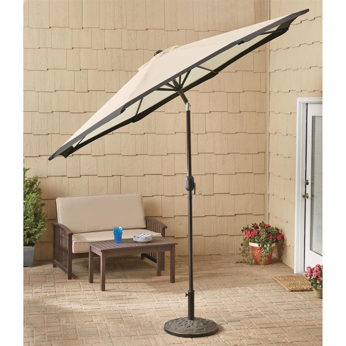 CASTLECREEK 9-Foot Two-Tone Outdoor Patio Umbrella with Push-Button Tilt - Khaki/Black Sun Shade for Deck, Yard, Backyard & Pool - Perfect for Outdoor Dining, Lounging and Poolside Relaxation