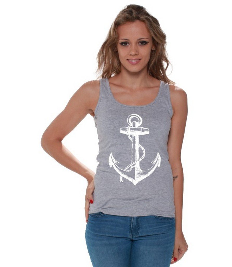 Women's Anchor Print White Tank Top - Sailor Navy Style Casual Summer T-Shirt for Women | Perfect for Beach Outfits, Vacation Wear & Nautical Theme Parties