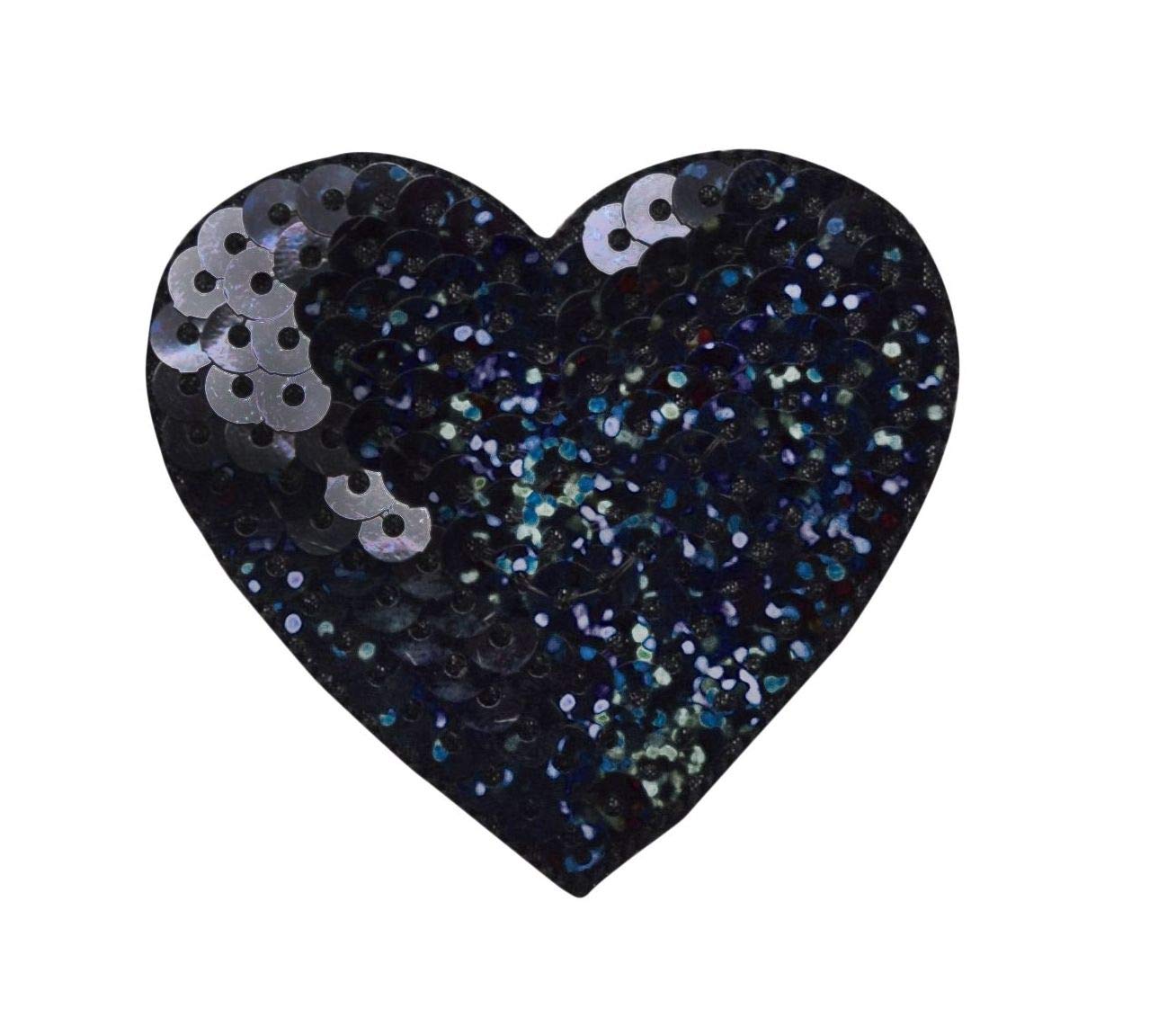 Black 2 Inch Sequin Heart Embroidered Iron On Patch for Valentine's Day - Perfect for DIY Clothing, Bags, Hats & Costume Embellishments