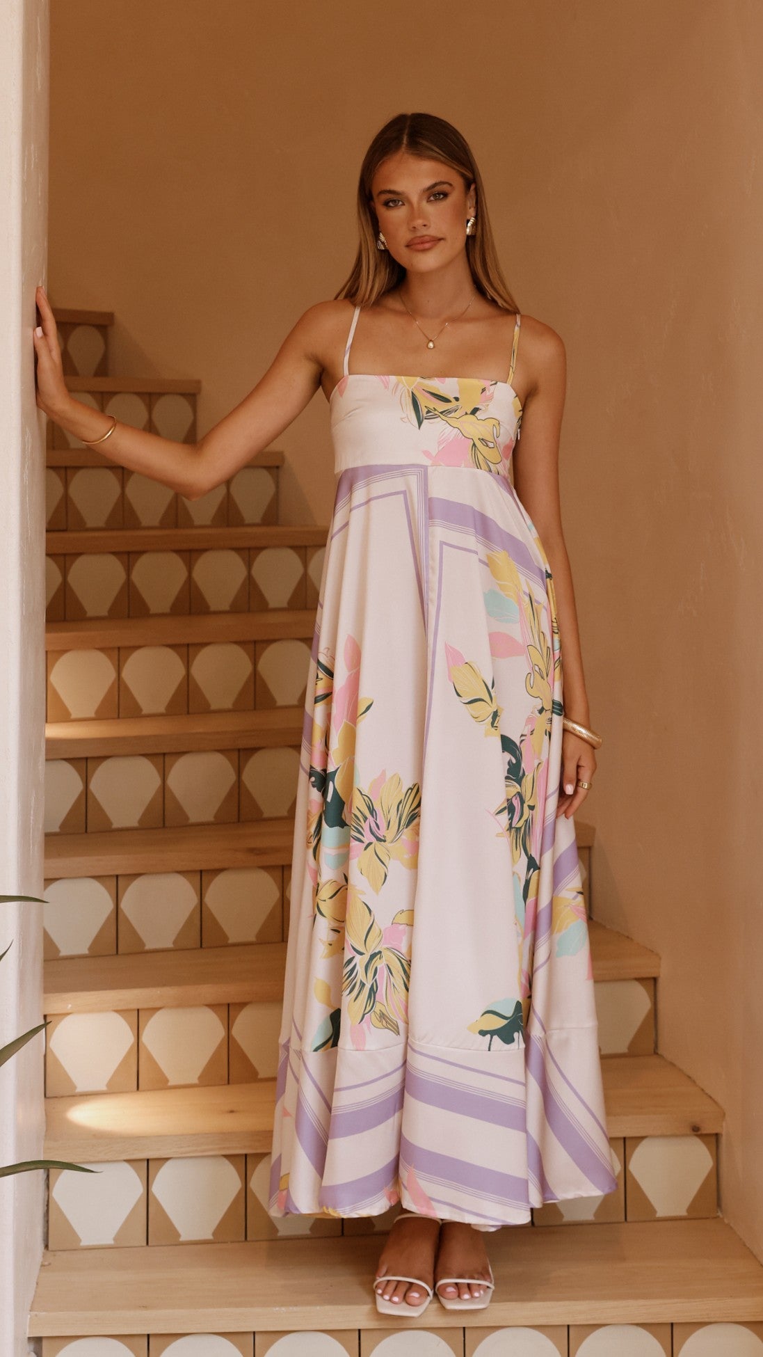 Kaethe Maxi Dress for Women - Flowy Long Summer Dress in Beige & Lilac - Perfect for Beach, Vacation, and Casual Outings