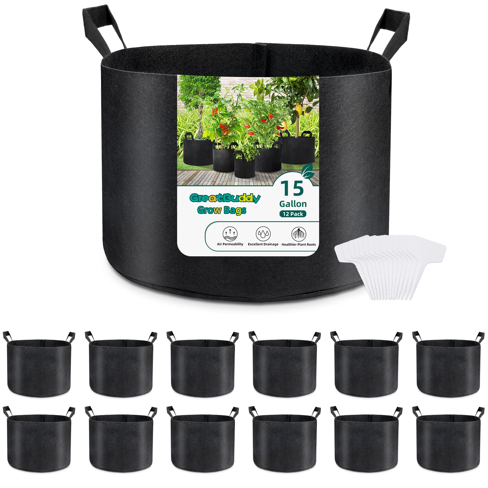 GreatBuddy 15 Gallon Grow Bags 12-Pack - Heavy Duty Fabric Plant Pots with Sturdy Handles & Reinforced Stitching - Includes Free Plant Labels - Ideal for Vegetables, Fruits, Flowers & Indoor/Outdoor Gardening