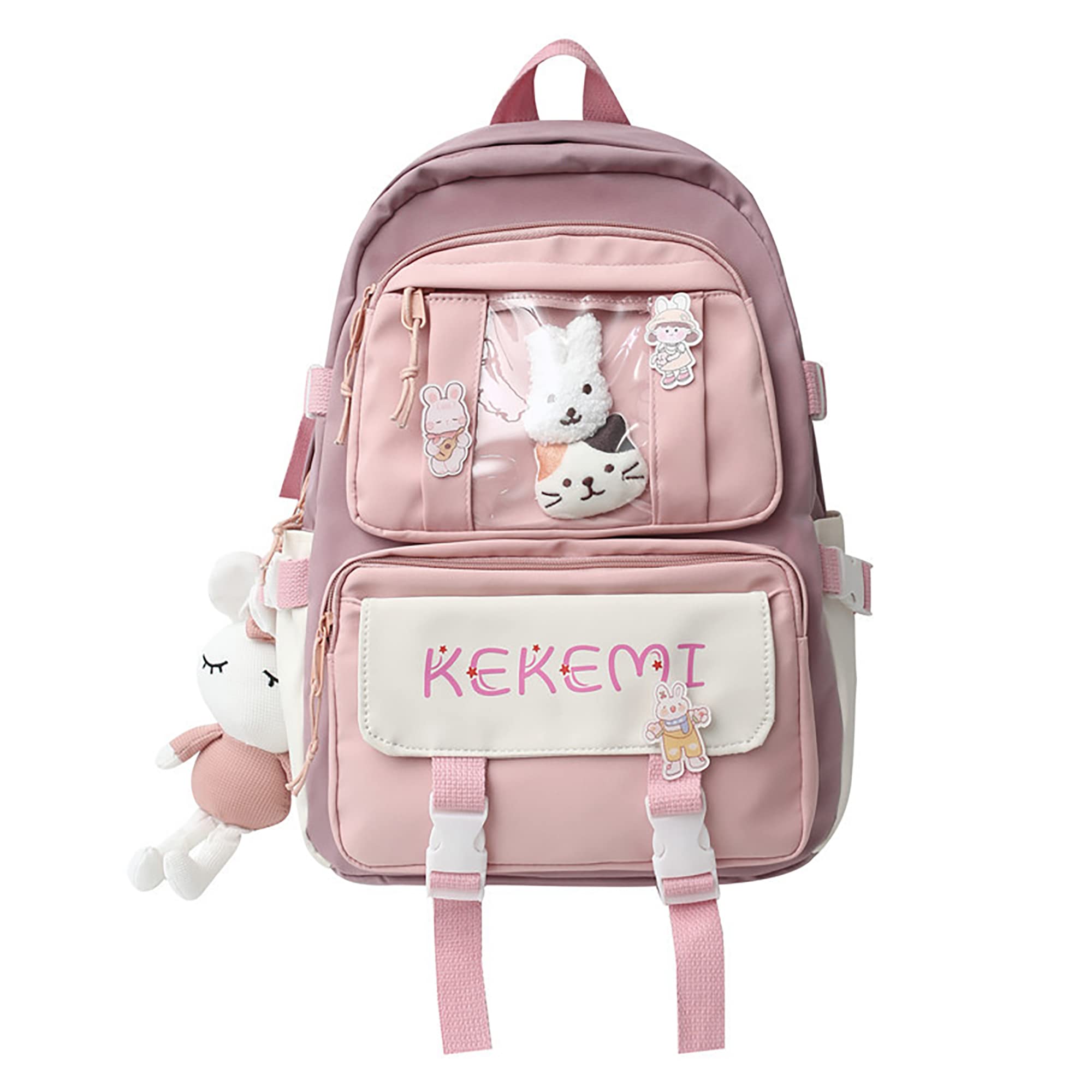 Cute Kawaii Backpack for Girls - 17 Inch Laptop School Bag with Badge & Rabbit Pendant, Large Capacity Aesthetic Bookbag in Deep Pink - Perfect for School, College, Travel & Daily Use