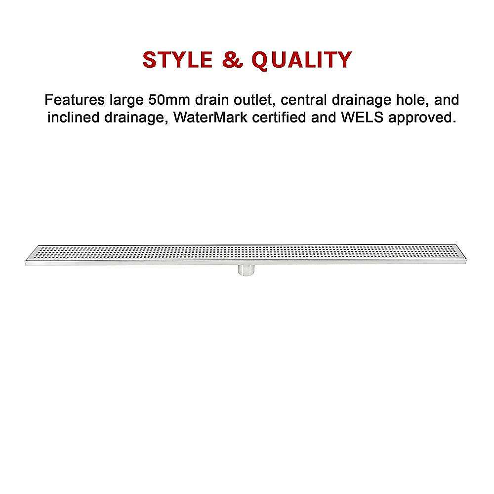 1200mm Stainless Steel Shower Drain Grate - Square Pattern with Center Outlet - Anti-Slip Bathroom Floor Waste Drain for Wet Rooms & Showers