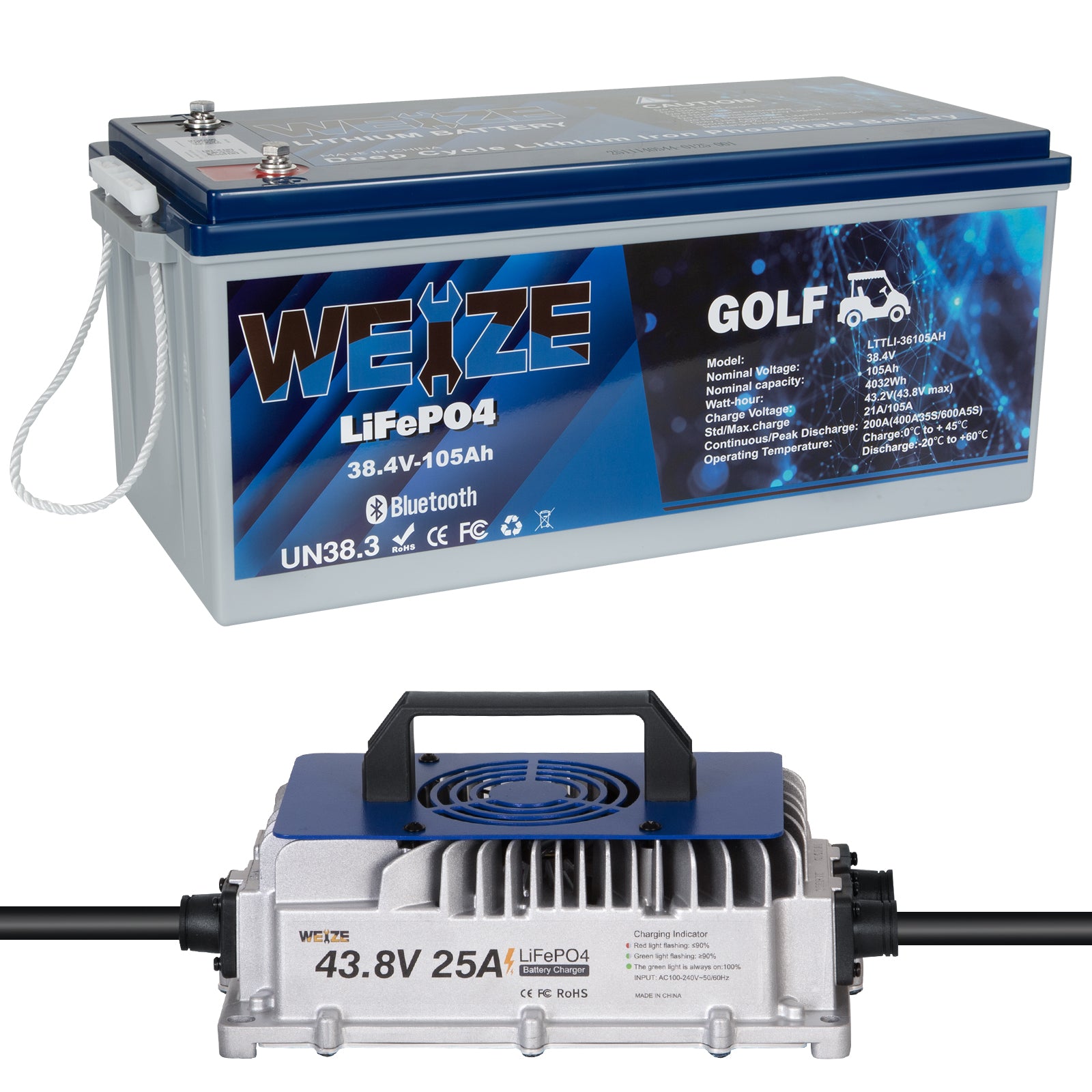 WEIZE 36V 105AH Bluetooth LiFePO4 Lithium Battery with Built-in 200A BMS | Low Temperature Protection & 400A/35S Peak Discharge | Deep Cycle Battery for Golf Carts, Trolling Motors, Solar Systems, RVs & Off-Grid Applications | Perfect for Marine, Camping & Emergency Power Backup