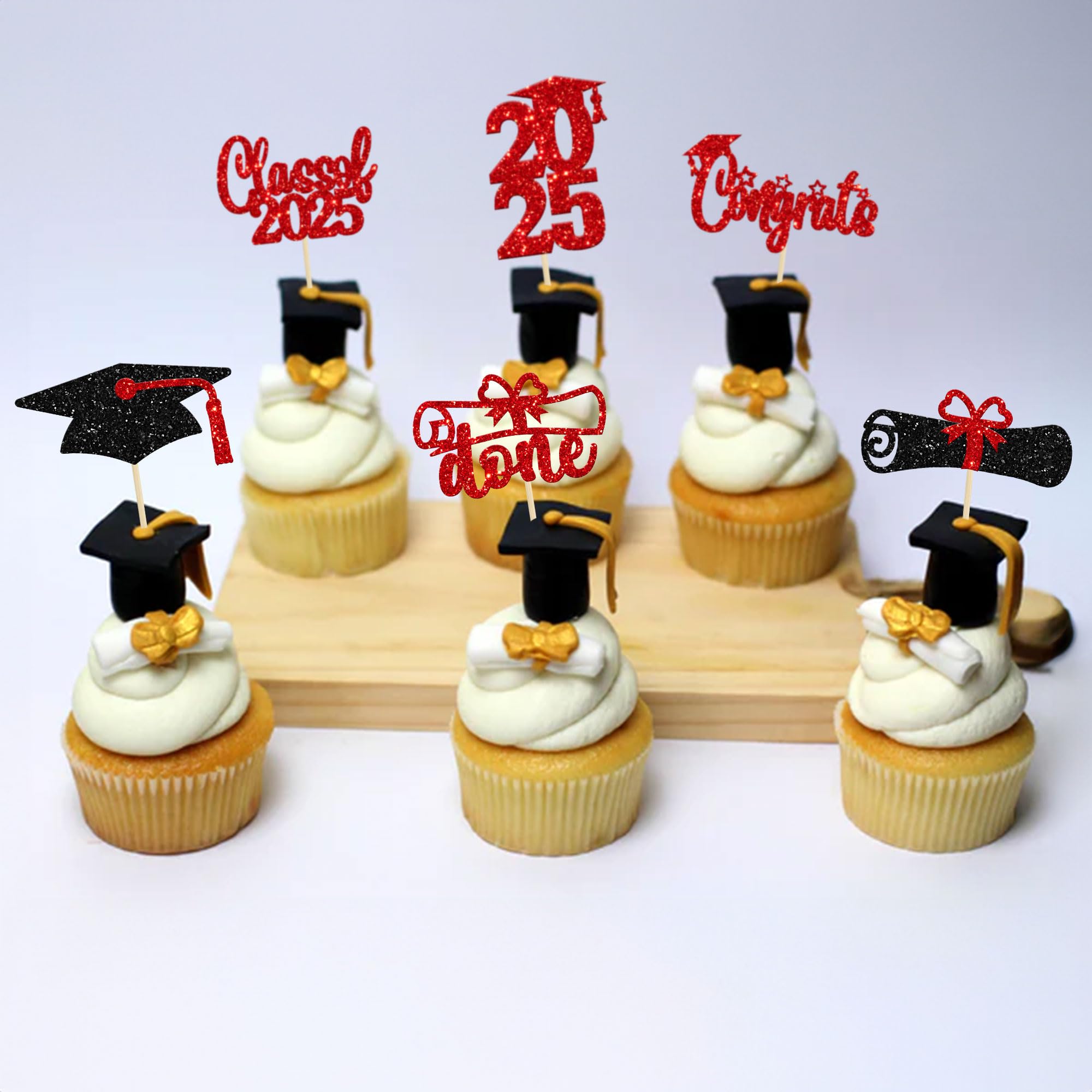 24 PCS 2025 Graduation Cupcake Toppers - Glitter Congrats Grad Cap & Diploma Cake Decorations - Red - Perfect for 2025 Graduation Party, School Celebration & Cake Decorating Supplies