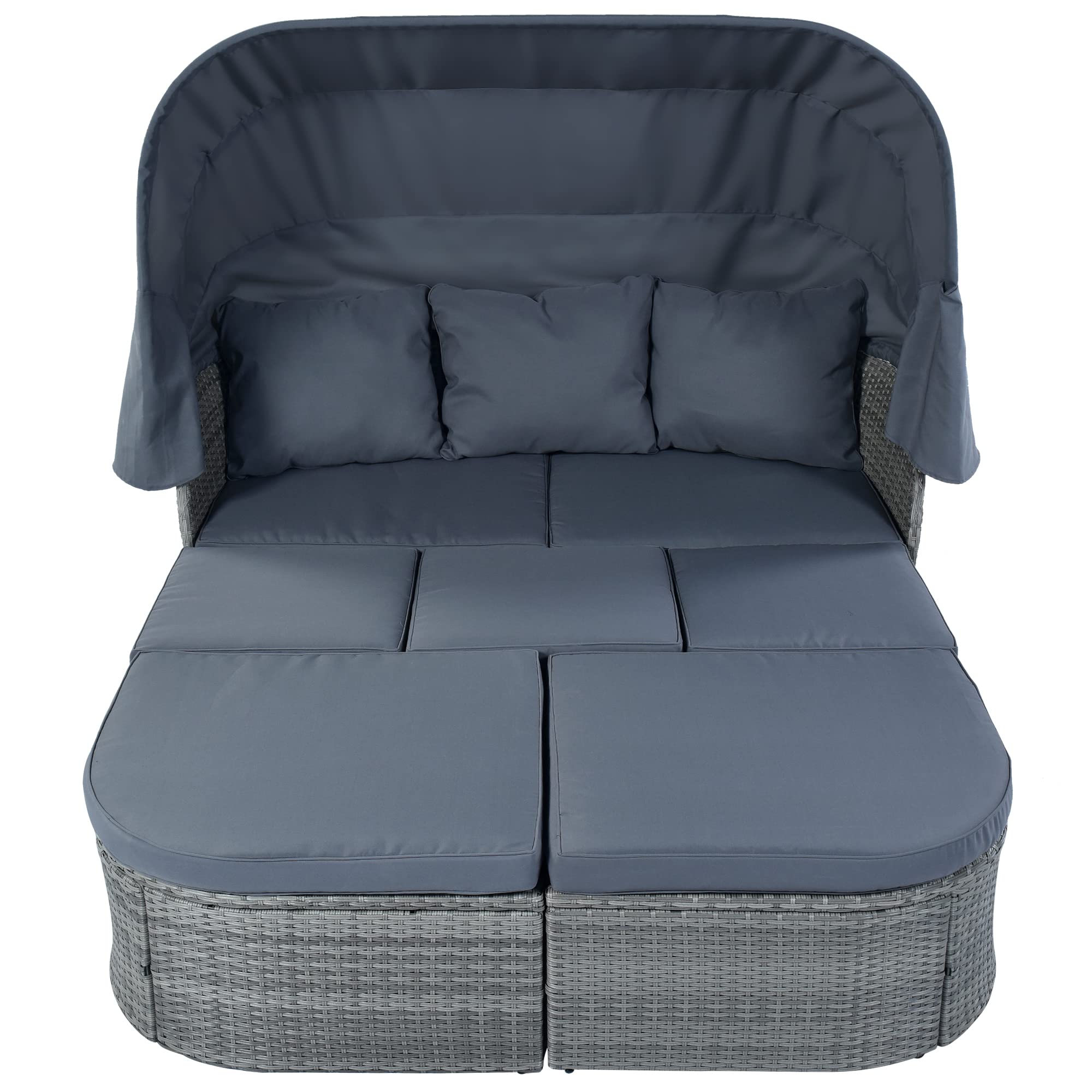 7-Piece Outdoor Wicker Daybed Set with Retractable Canopy & Lift-Top Coffee Table - Patio Sunbed Conversation Furniture for Backyard, Porch, Poolside Relaxation (Grey) | Perfect for Lounging, Sunbathing and Outdoor Entertaining