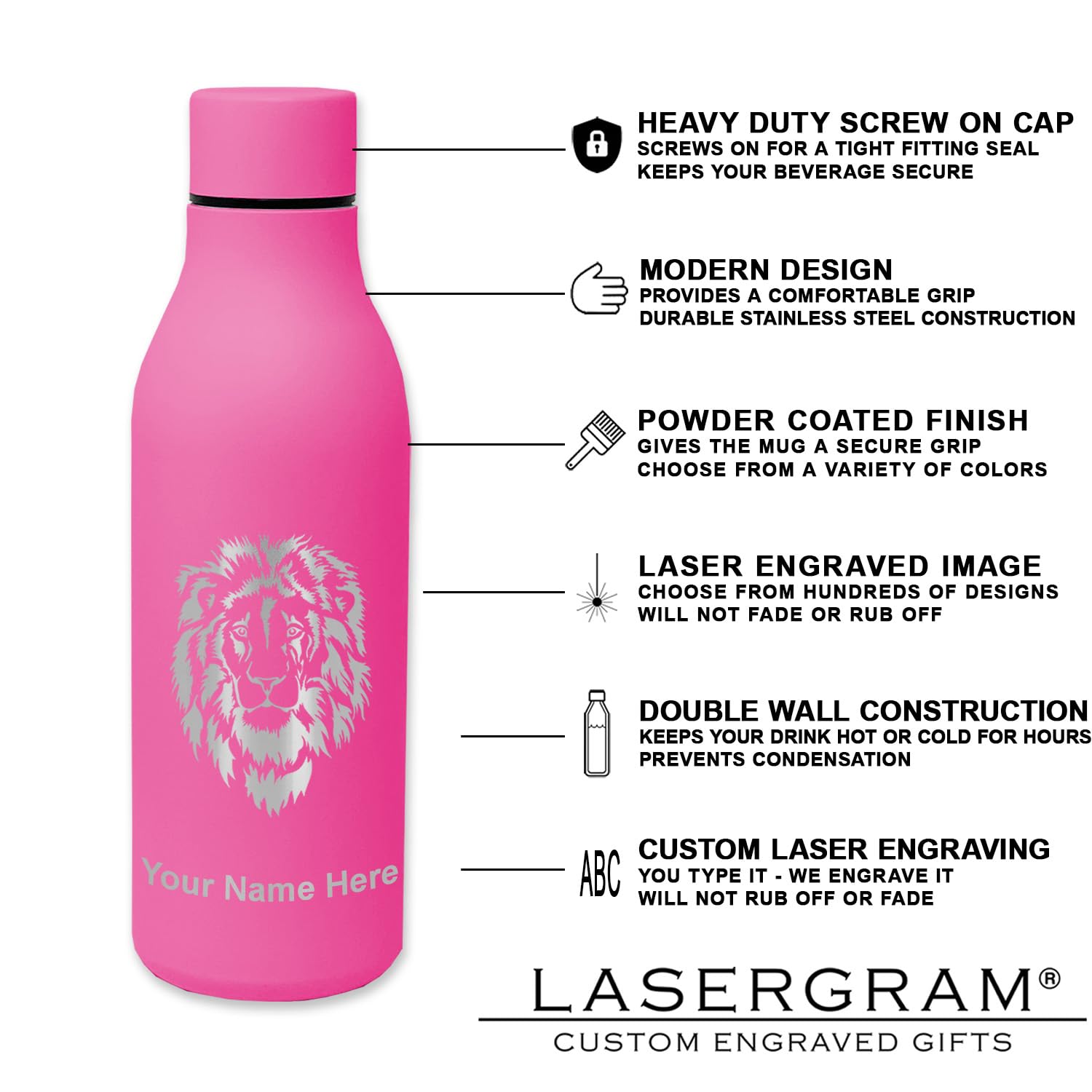 LaserGram 20oz Double Wall Vacuum Insulated Stainless Steel Water Bottle with Cat & Butterfly Design - Personalized Engraving Gift for Hiking, Gym, Office & Outdoor Activities