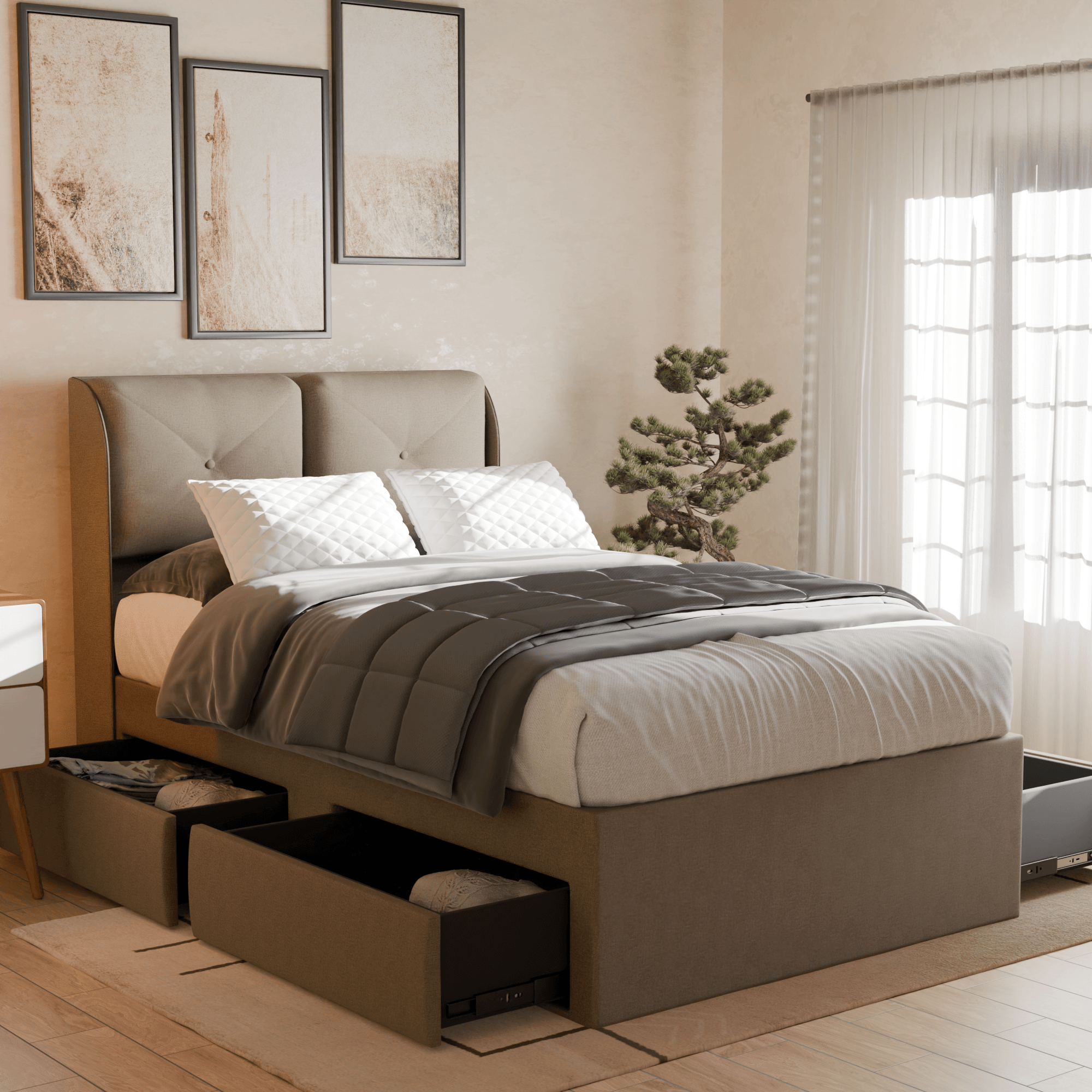 Mohave Fabric Drawer Bed Frame - Water Repellent Queen Size Platform Bed with Storage, Sturdy Metal Frame & Easy Assembly - Perfect for Small Bedrooms, Dorms & Guest Rooms