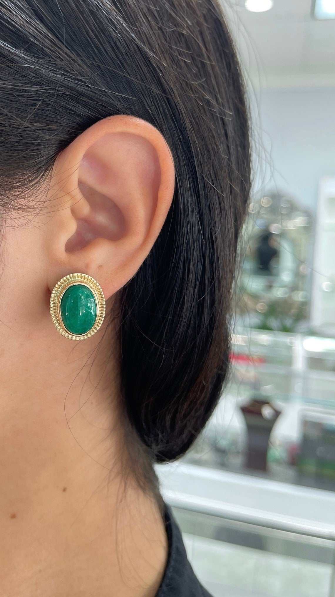 19.04tcw Large Jumbo Natural Emerald Cabochon Vintage Handmade Bezel Earrings 14K Gold - Elegant Jewelry for Women, Perfect for Weddings, Parties & Special Occasions
