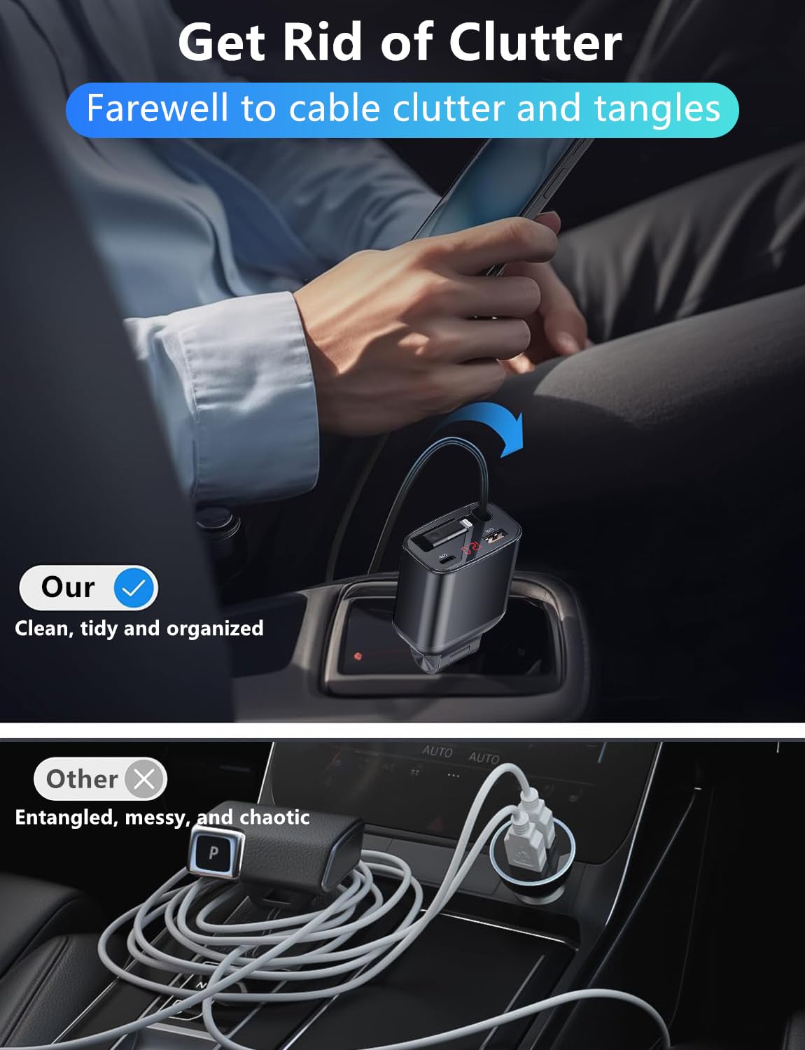 105W Retractable Car Charger with USB-C PD3.0 & QC4.0 Fast Charging - Dual Port Car Phone Charger Adapter for iPhone 16/15/14/13/12/11, Samsung Galaxy, Google Pixel - Perfect for Road Trips & Daily Commutes