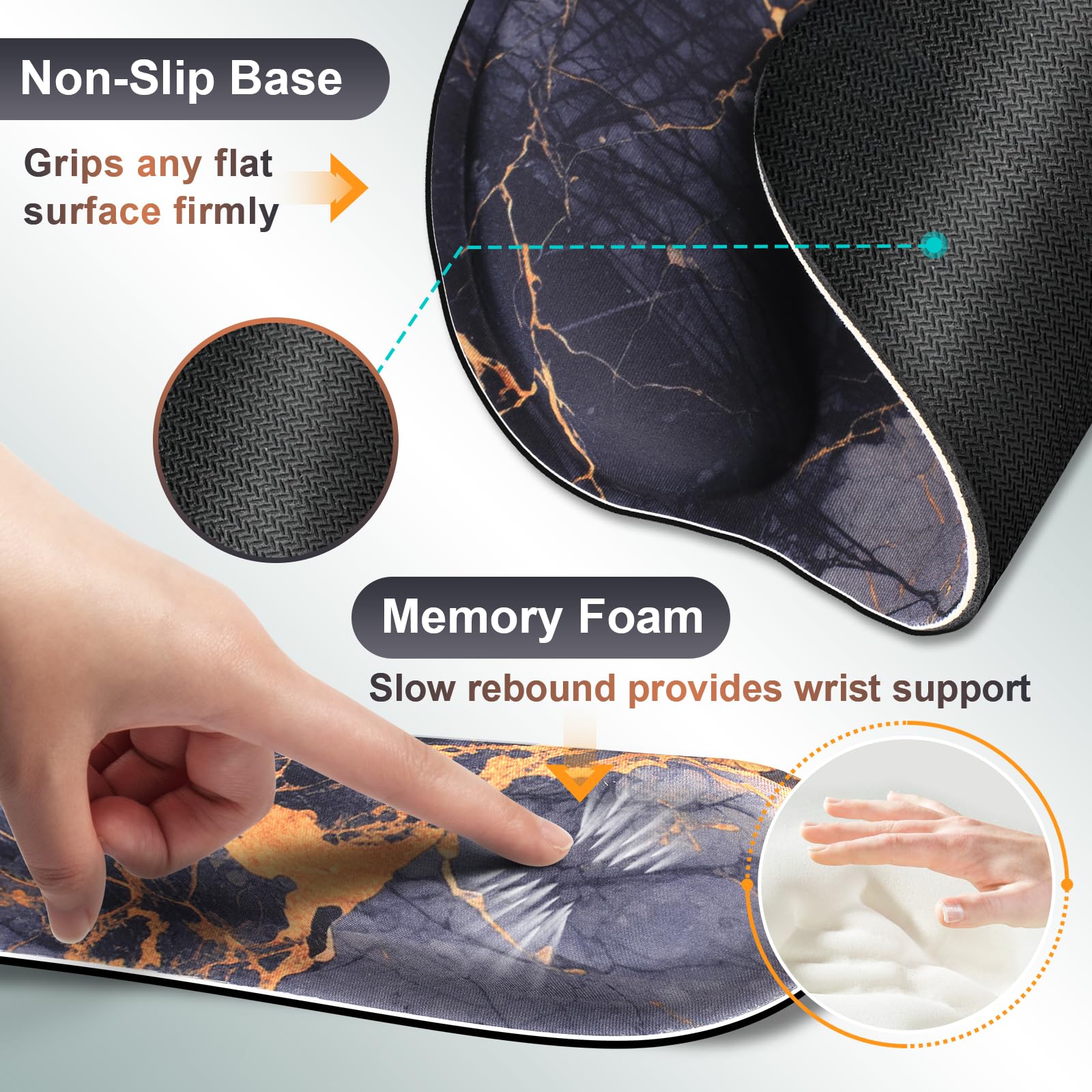 Ergonomic Mouse Pad and Keyboard Wrist Rest Set - Black Grey Orange Marble Design, Memory Foam Support for Wrist Pain Relief | Perfect for Office Work, Gaming & Long Computer Use