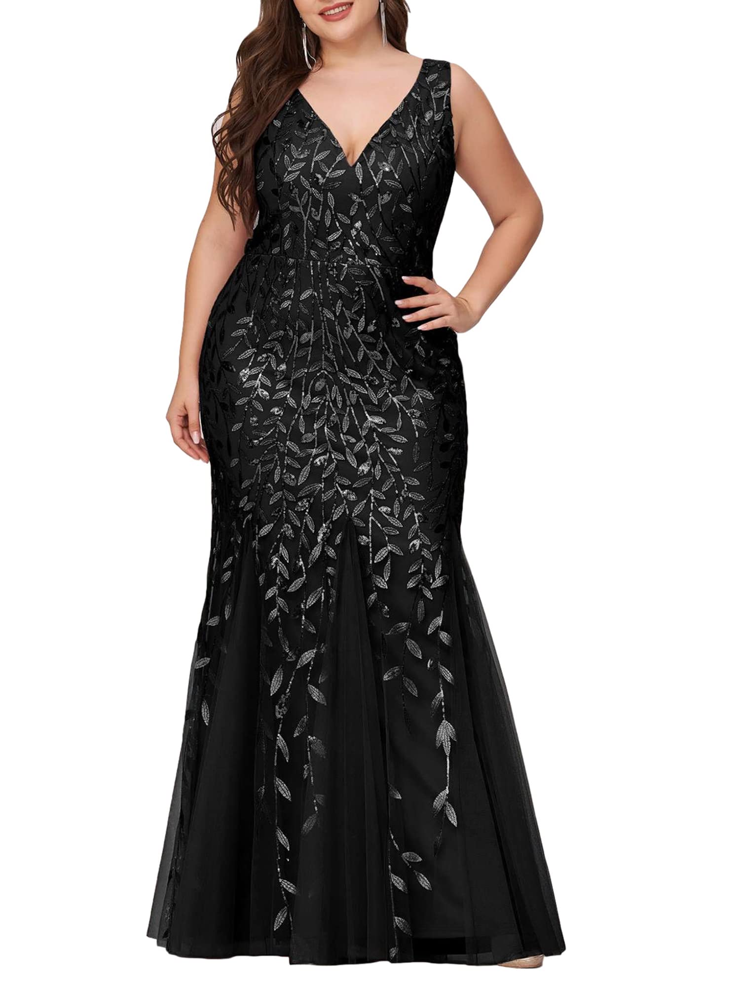 Ever-Pretty Women's Sequin V-Neck Sleeveless Bodycon Mermaid Evening Gown Plus Size Prom Dress 07886-PZUSA | Elegant Formal Gown for Weddings, Parties & Special Occasions