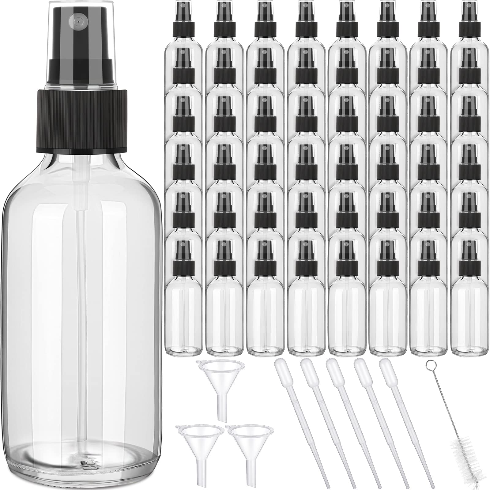 Nuogo 50-Pack 4oz Refillable Mini Glass Spray Bottles with Fine Mist Nozzle - Includes Funnel, Dropper & Cleaning Brush - Perfect for Essential Oils, Perfumes, Aromatherapy (Transparent) - Ideal for DIY Beauty, Home Fragrance & Travel Toiletries