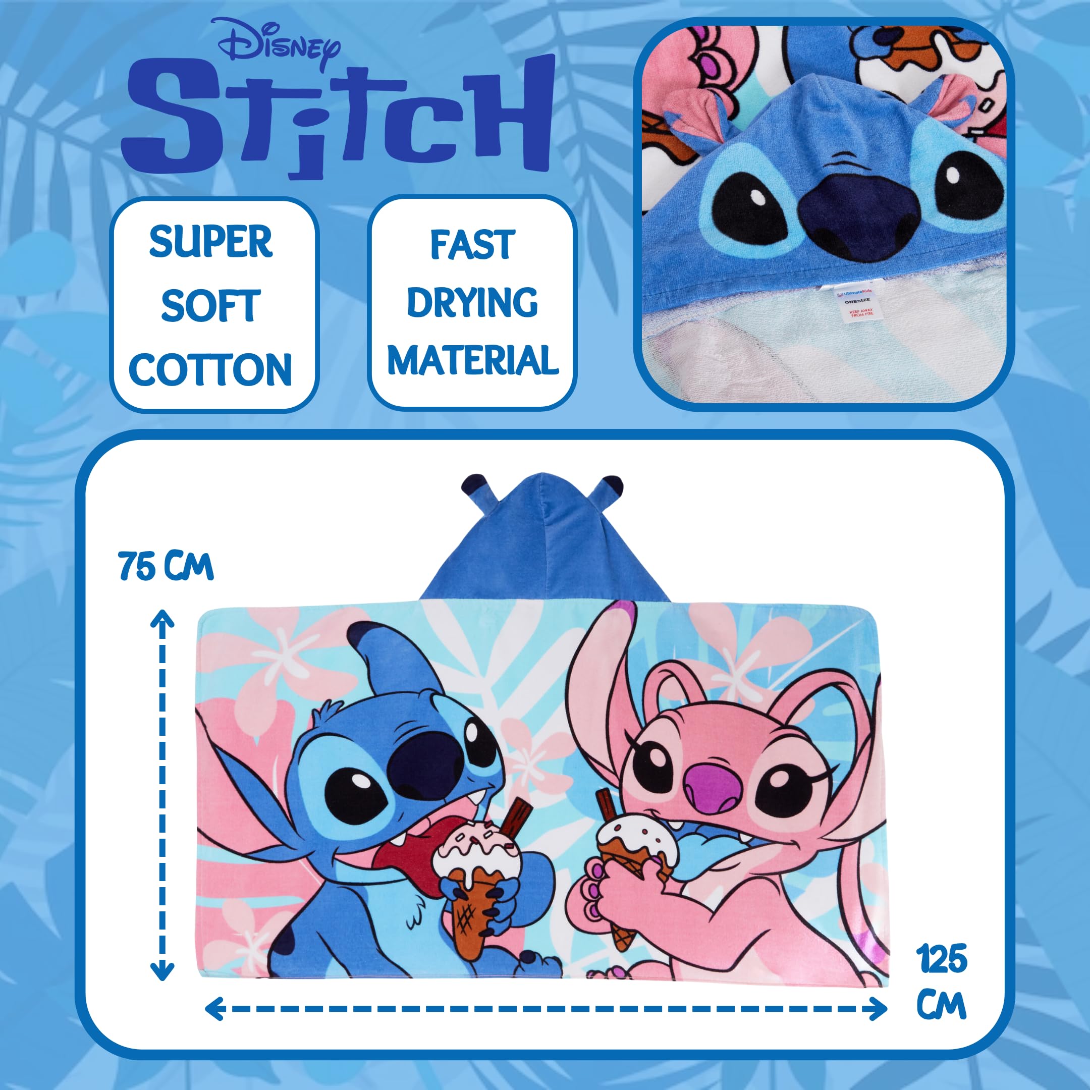 Disney Stitch Hooded Towel for Kids - 100% Cotton Angel Poncho, Beach & Bath Towel, Swimming Wrap & Changing Robe - Perfect for Pool, Beach, Bath Time & After-Swim Warmth