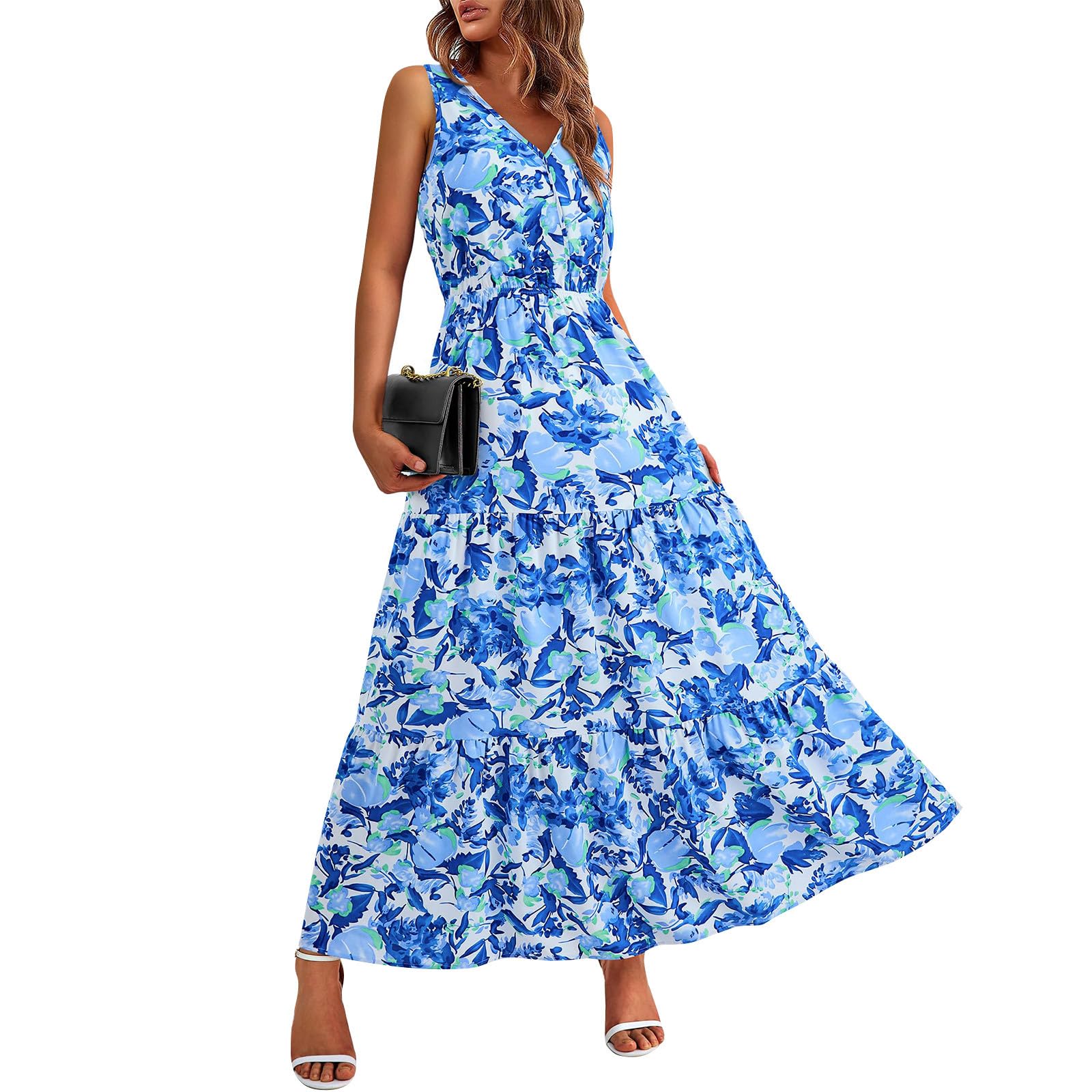 2024 Women's Sleeveless V-Neck Floral Maxi Dress - Casual Loose Flowing Sundress for Beach, Vacation & Summer Outfits | Plus Size Options Available