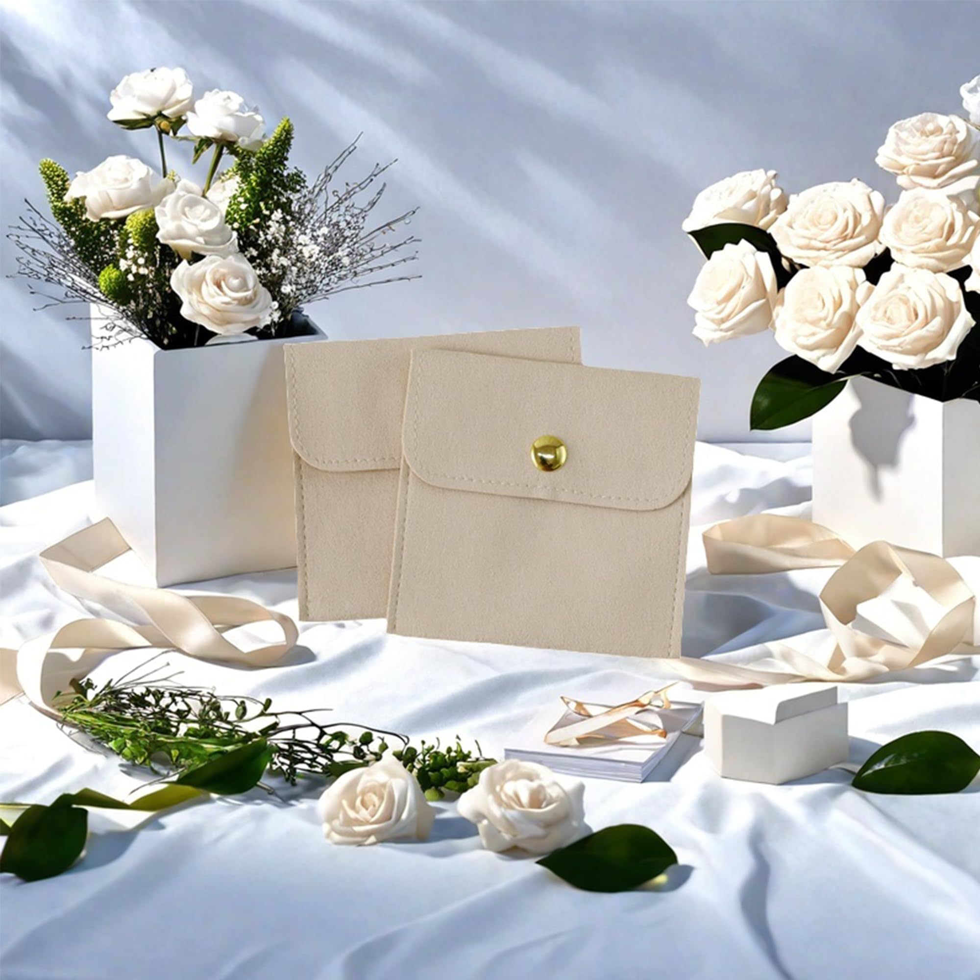 40pcs Ivory Microfiber Jewelry Pouch Button Closure Bag 8x8cm - Luxury Jewelry Packaging, Small Gift Bags for Earrings, Necklaces, Bracelets & Rings - Perfect for Wedding Favors, Bridesmaid Gifts & Jewelry Storage