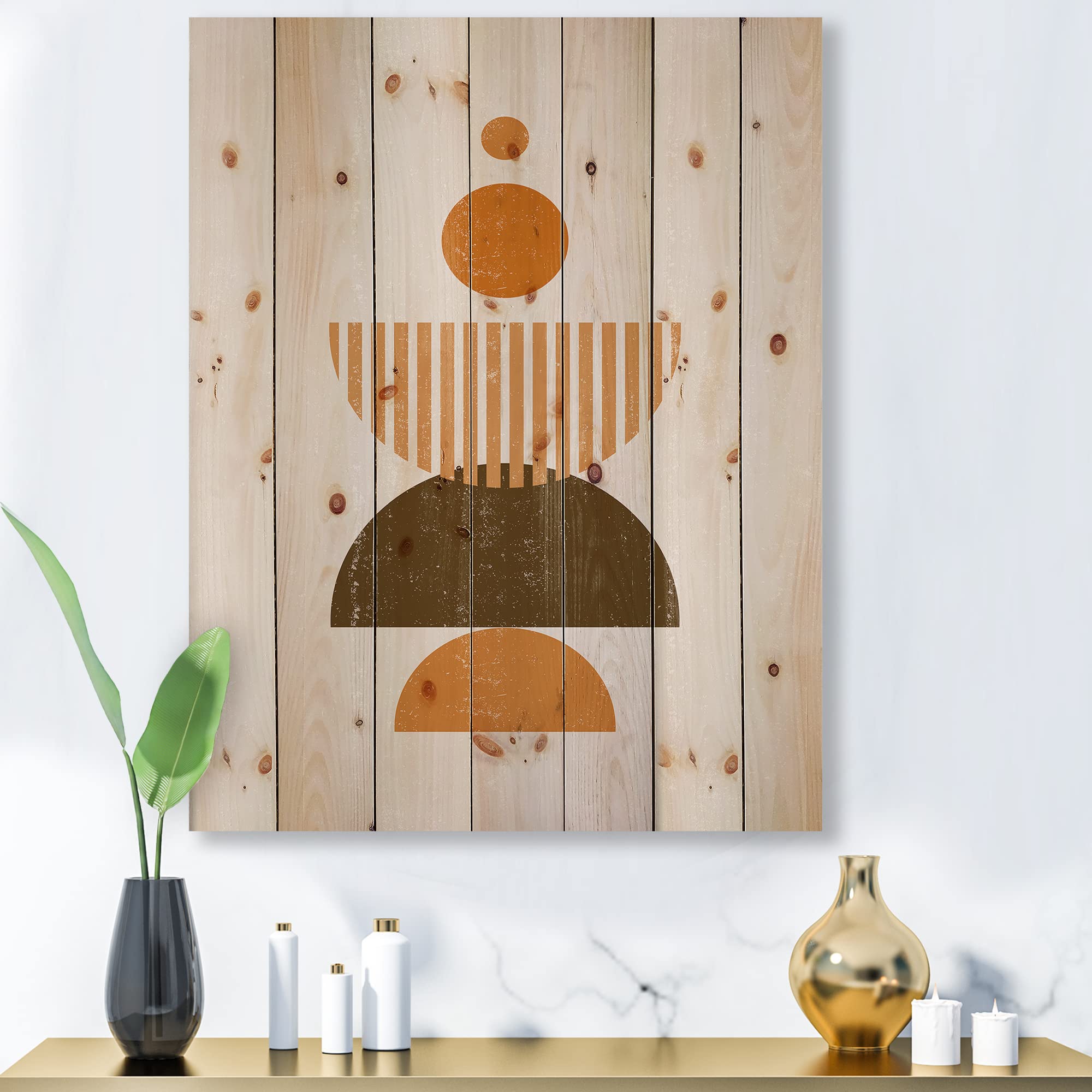 Abstract Minimal Sun and Moon Wood Wall Art - Modern Earth Tone Geometric Decor, Large Pine Wood Panel for Living Room, Bedroom & Office