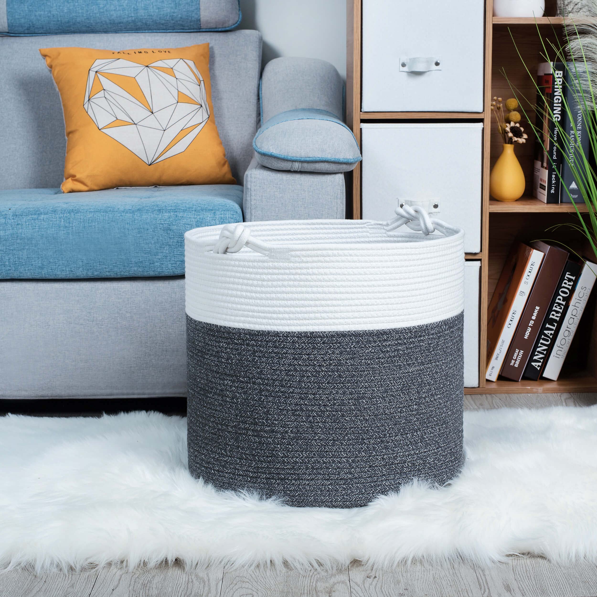 MINTWOOD 15 x 14.2 Inch Woven Cotton Rope Storage Basket - Multi-Purpose Organizer for Toys, Laundry, Nursery, Blankets & Pet Supplies (Moonlight Grey) | Perfect for Home Decor, Baby Room & Closet Organization