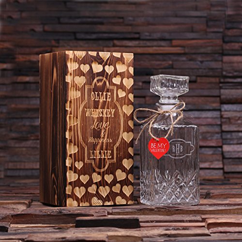 Teals Prairie & Co. Personalized Valentines Day Whiskey Decanter Set with Engraved Wood Gift Box - Romantic Anniversary Gift for Him, Whiskey Lover Present - Perfect for Valentine's, Wedding & Anniversary Celebrations