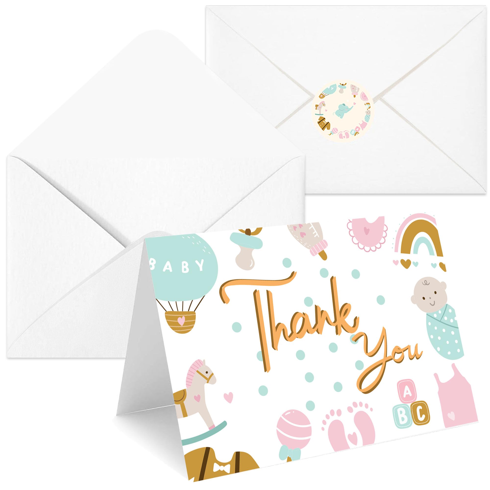 50 Pack Baby Shower Thank You Cards with Envelopes - Elegant White Cardboard with Pink, Blue & Yellow Accents | Perfect for Newborn Celebrations, Baptism Gifts & Gender Reveal Parties