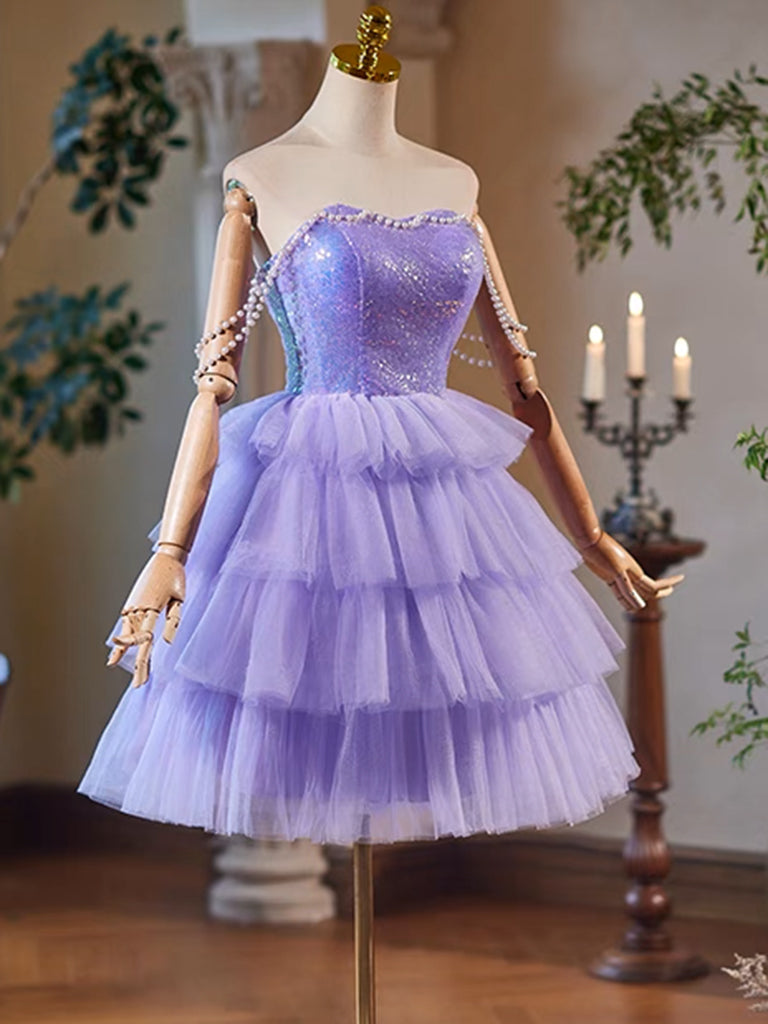 Elegant A-Line Tulle Sequin Purple Short Prom Dress | Sparkling Homecoming Dress for Teens | Perfect for Parties, Dances & Special Occasions