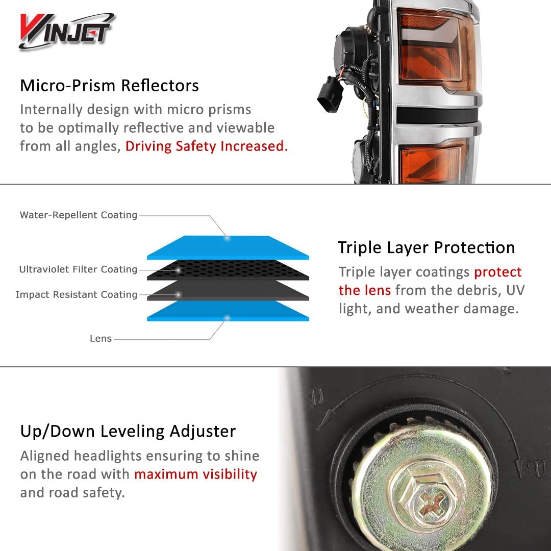 Winjet LED Projector Headlights Assembly for 2014-2015 Chevrolet Silverado 1500 - Functional Headlamps with DRL, Dual Beam, Sequential Turn Signal & Amber Reflector - Direct Replacement Pair (Perfect for Night Driving & Off-Road Adventures)