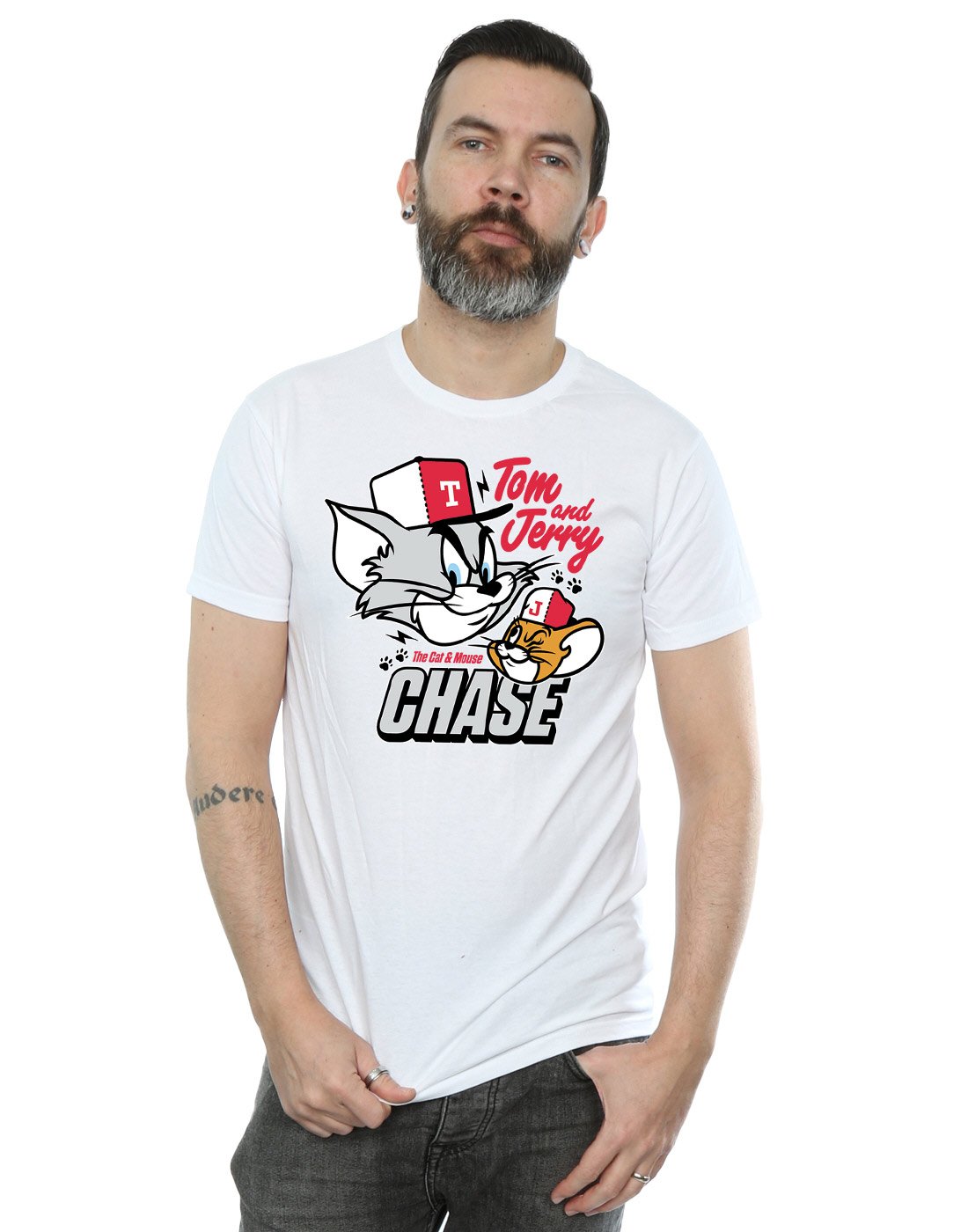 Tom and Jerry Men's Graphic T-Shirt - Small White - Funny Cartoon Cat & Mouse Chase Design - Perfect for Casual Wear, Gifts, and Fans