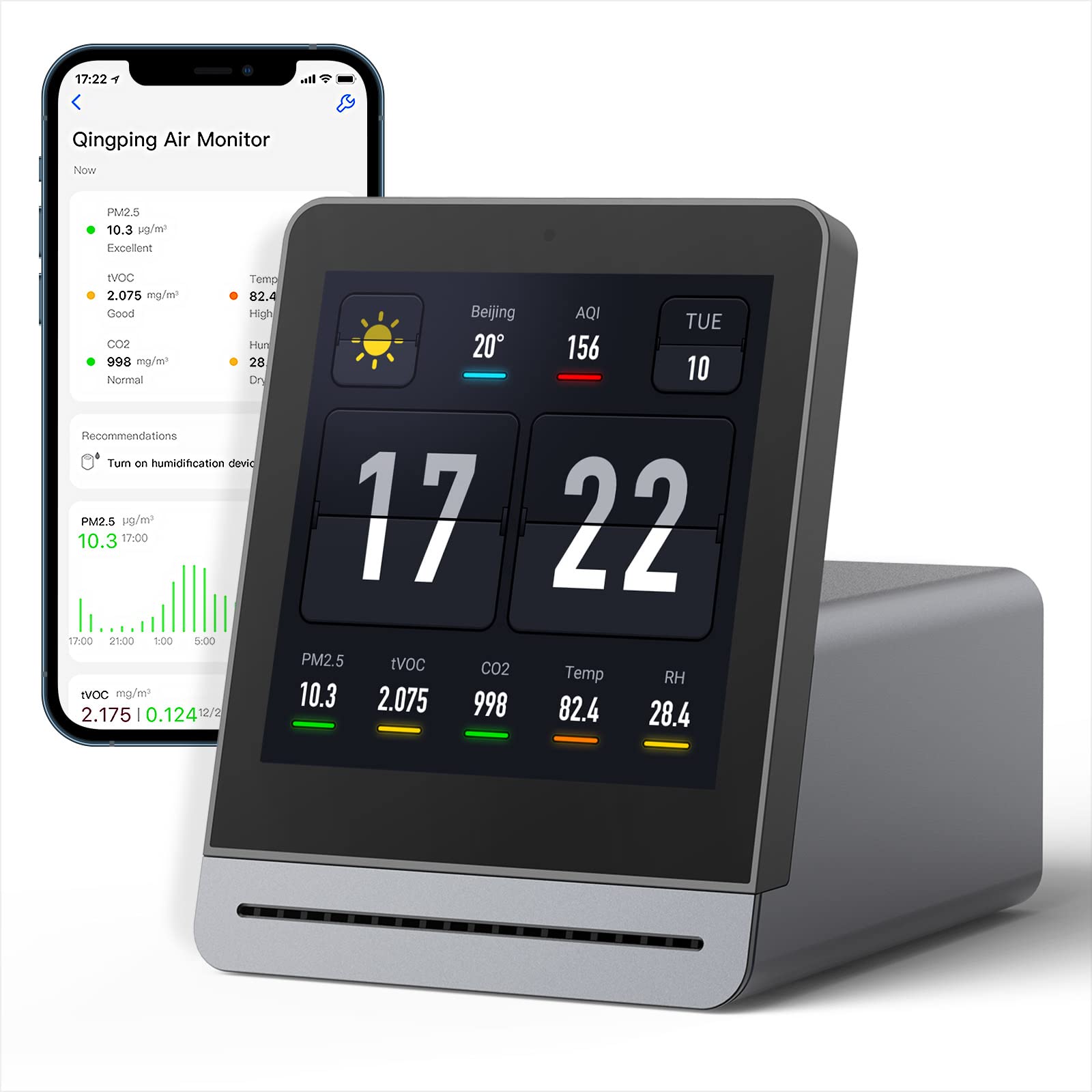 Qingping Smart Air Quality Monitor - Indoor PM2.5, CO2, Temperature & Humidity Detector with Rechargeable Battery | 2 Color Options | Ideal for Bedroom, Office & Smart Home Air Quality Monitoring