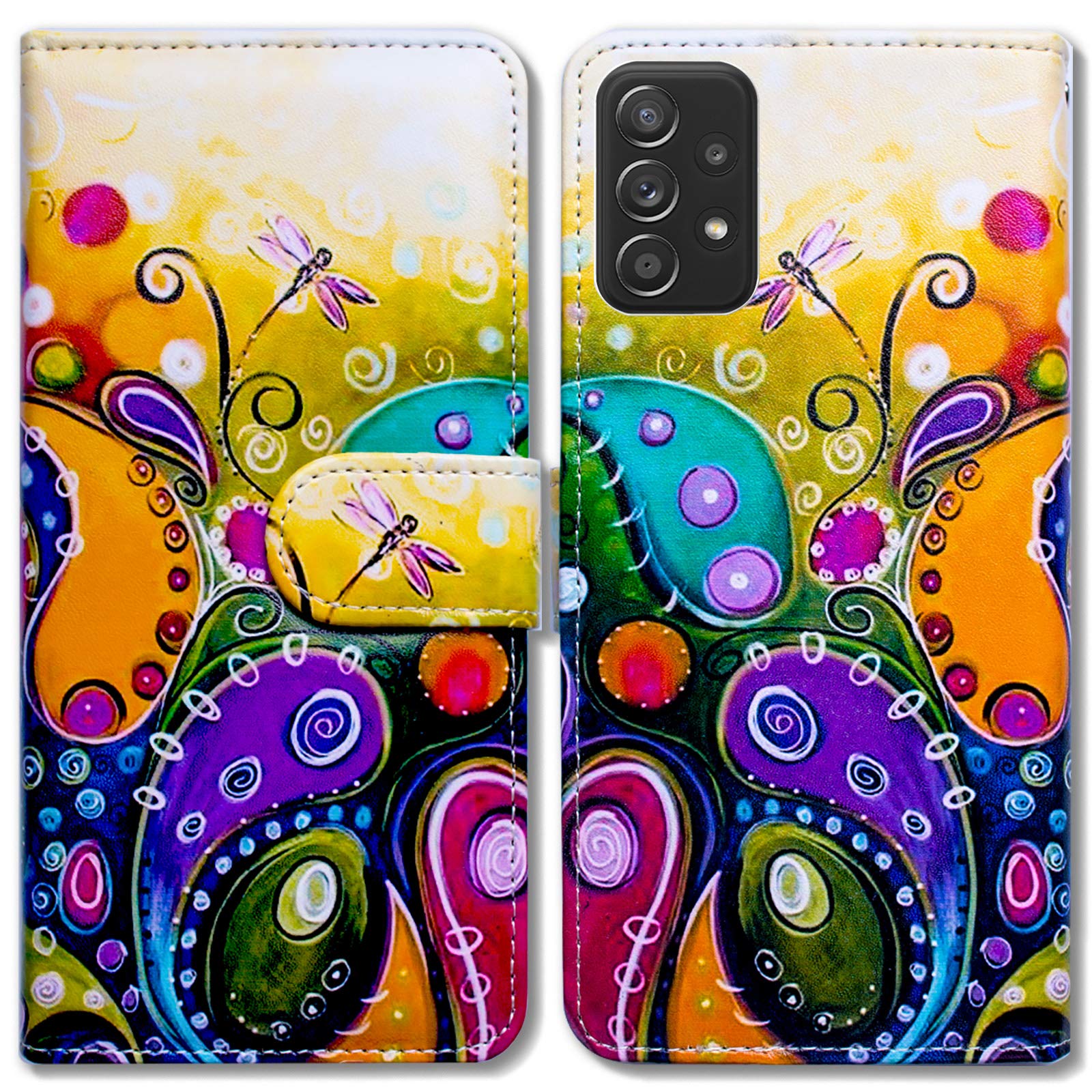 Premium Leather Flip Wallet Case for Samsung Galaxy A52 5G (2021) - Dragonfly Design with Card Slots & Kickstand | Stylish Protective Cover for Everyday Use, Travel & Business