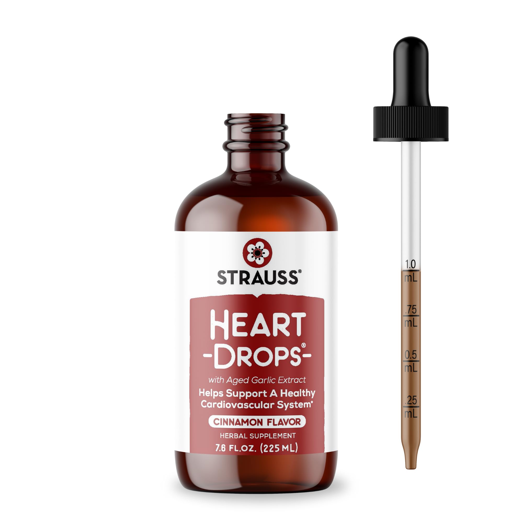 Strauss Naturals Heart Drops - Natural Mistletoe & Aged Garlic Extract Supplement for Cardiovascular Support - Vegan, Non-GMO, Cinnamon Flavored Heart Health Drops (225ml) - Supports Healthy Blood Pressure & Circulation for Active Lifestyles