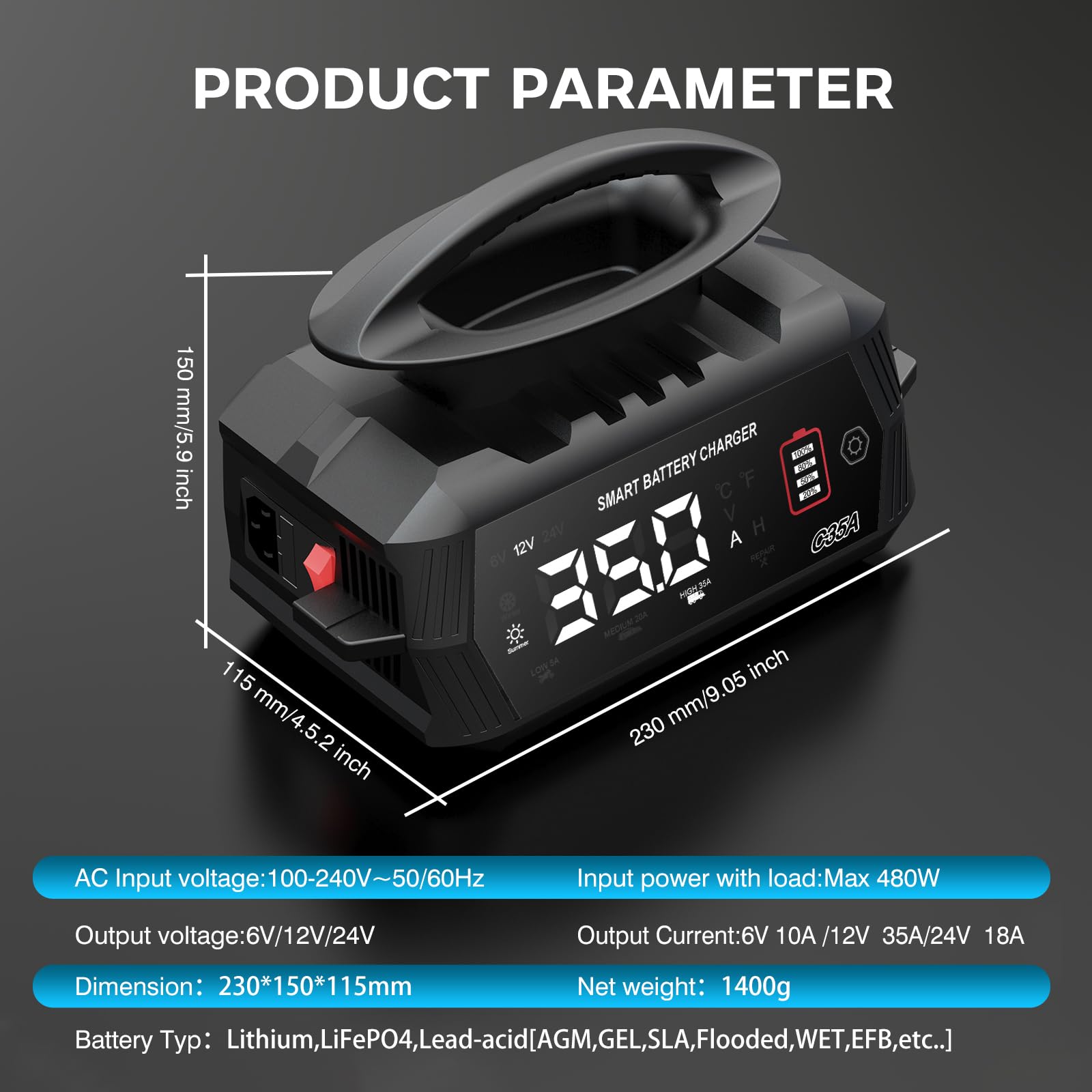 35 Amp Smart Lithium Battery Charger - 6V 12V 24V Lifepo4 Trickle Charger & Maintainer with Desulfation for Car, Boat, Motorcycle, RV - Portable Charging Solution for Long-Term Vehicle Storage & Maintenance