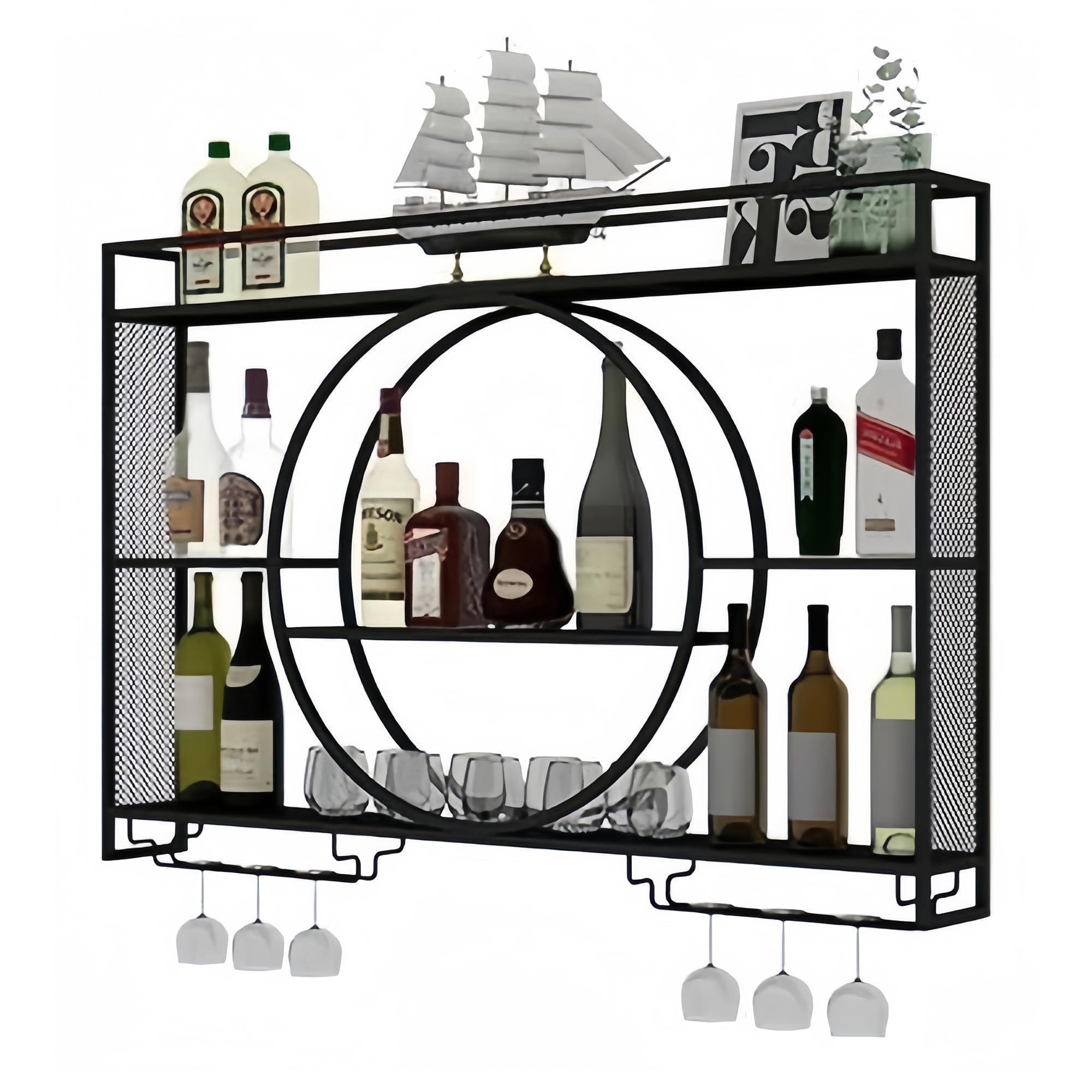 3-Tier Wall Mounted Metal Wine Rack with Glass Holder - Large Capacity Bar Shelves for Liquor Bottles - Perfect for Dining Room, Home Bar & Kitchen Decor (Black, 47 Inch) - Ideal for Wine Storage, Entertaining Guests & Space-Saving Organization