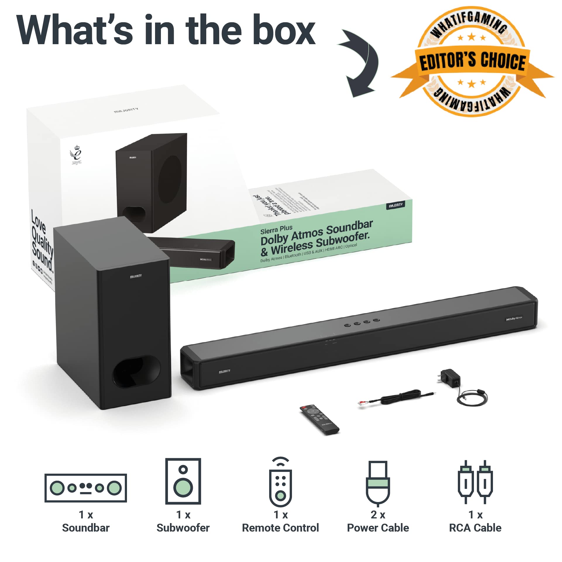 Majority Sierra 2.1.2 Dolby Atmos Soundbar with Wireless Subwoofer - 400W Powerful TV Sound Bar for Home Theater | 3D Audio with Up-Firing Atmos Speakers | HDMI ARC, Bluetooth, USB & AUX | Perfect for Movie Nights & Gaming Setup