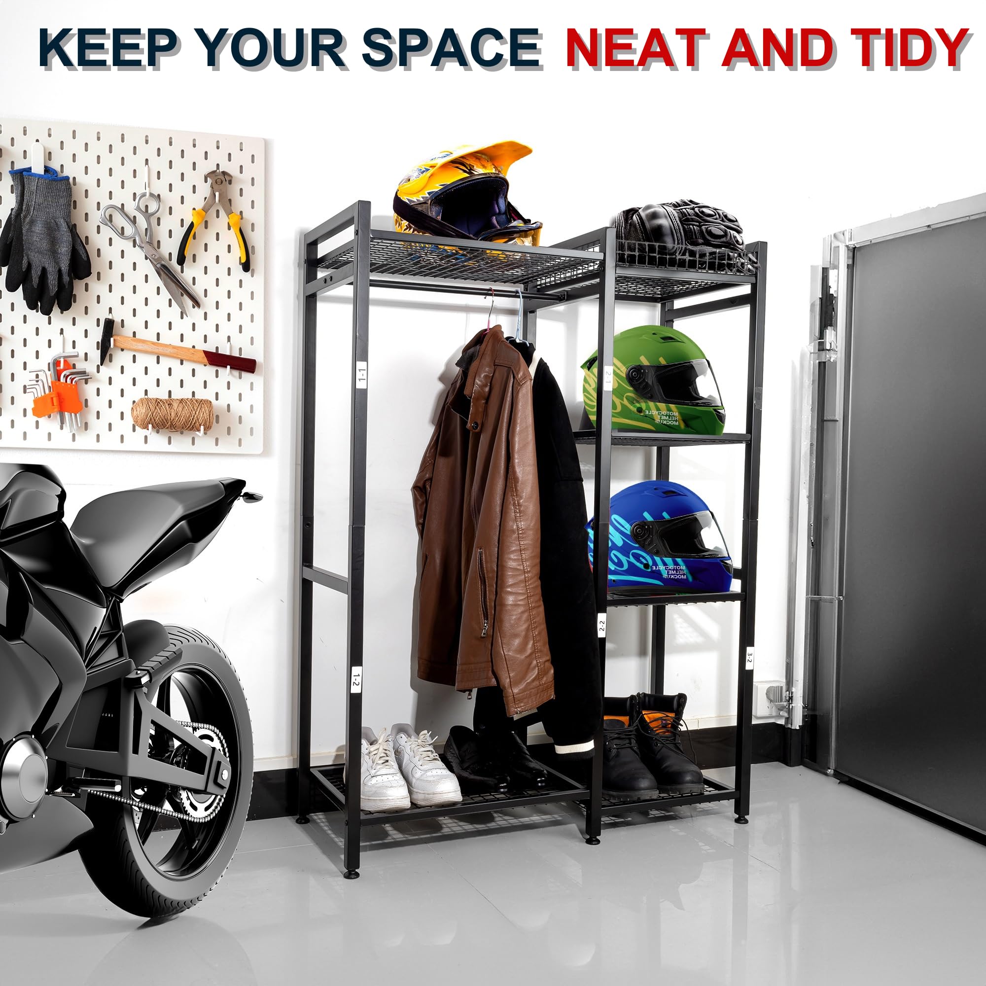 Motorcycle Helmet Holder & Gear Storage Rack - Heavy Duty Helmet Stand for Helmets, Jackets, Gloves & Boots - Perfect for Garage, Showroom & Motorcycle Accessories Display