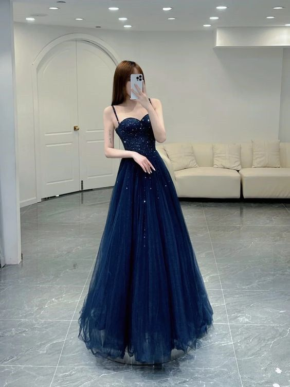 Elegant Navy Blue A-Line Prom Dress with Tulle Skirt - J5315 | Formal Evening Gown for Homecoming, Ball, and Special Occasions