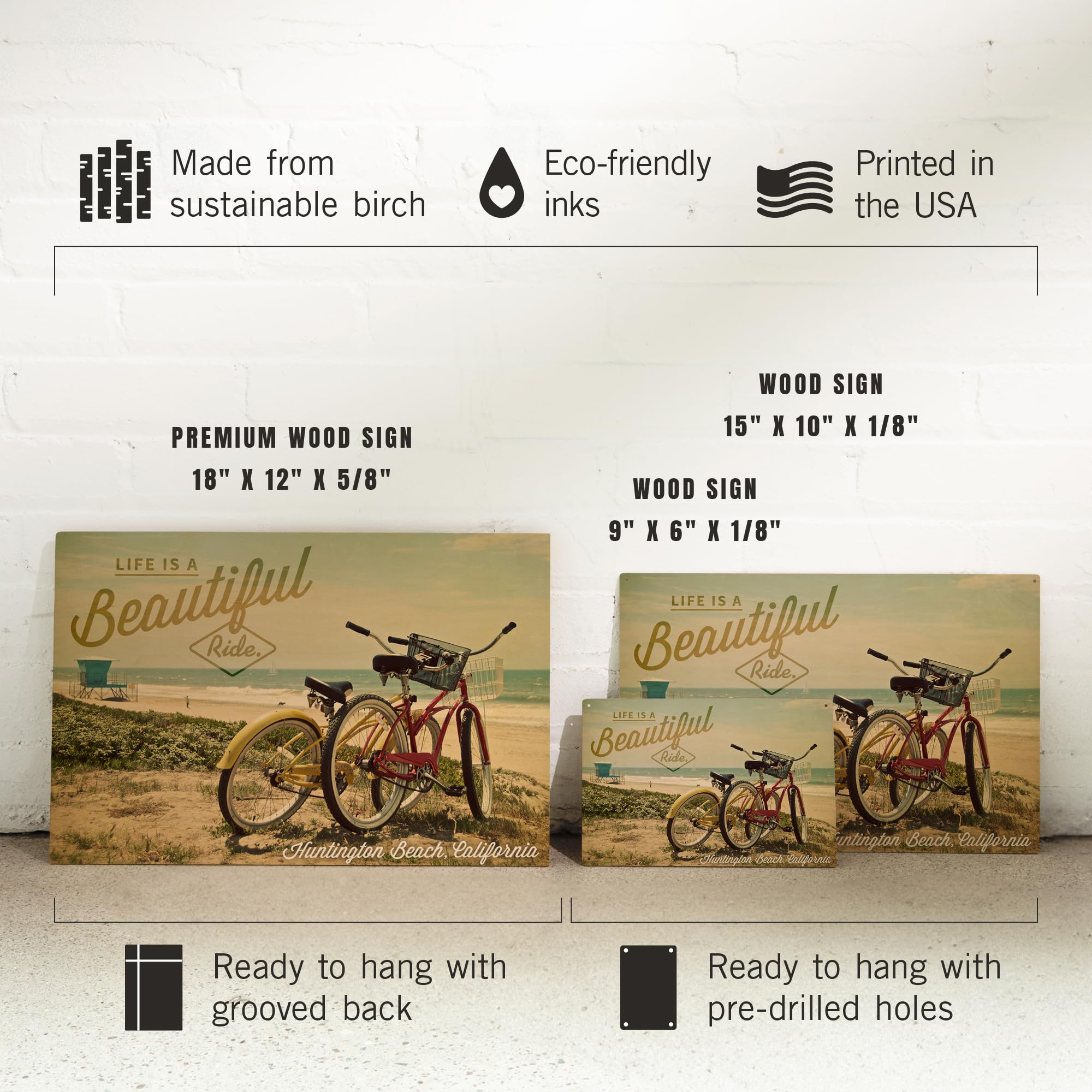 Premium 12x18 Inch Wood Wall Sign - 'Life is a Beautiful Ride' Huntington Beach California Decor | Ready to Hang Beach Cruiser Art for Home, Office, or Coastal Living Spaces