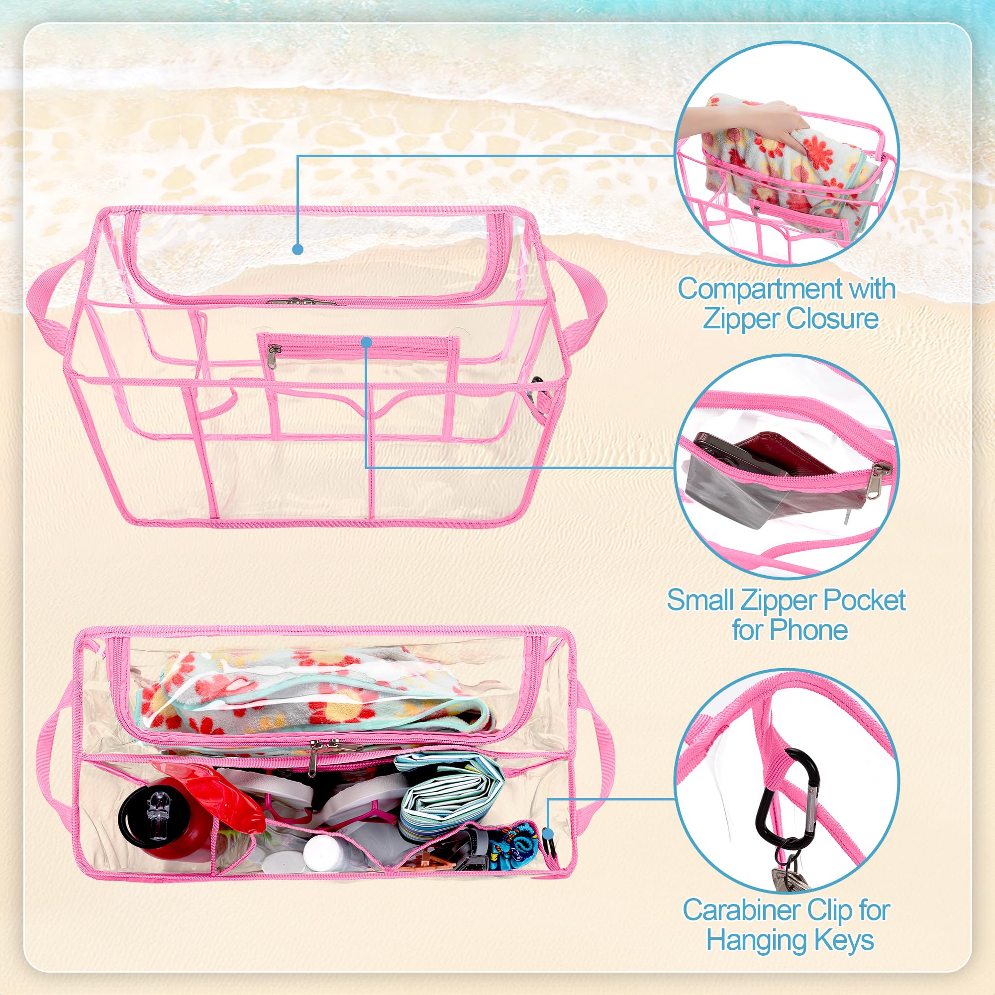 Waterproof Clear Beach Bag Organizer Insert for Bogg Bag X Large - 15.6 x 8.4 x 10.8 Inches Pink Divider Pouch - Perfect for Beach Trips, Poolside Essentials & Travel Organization