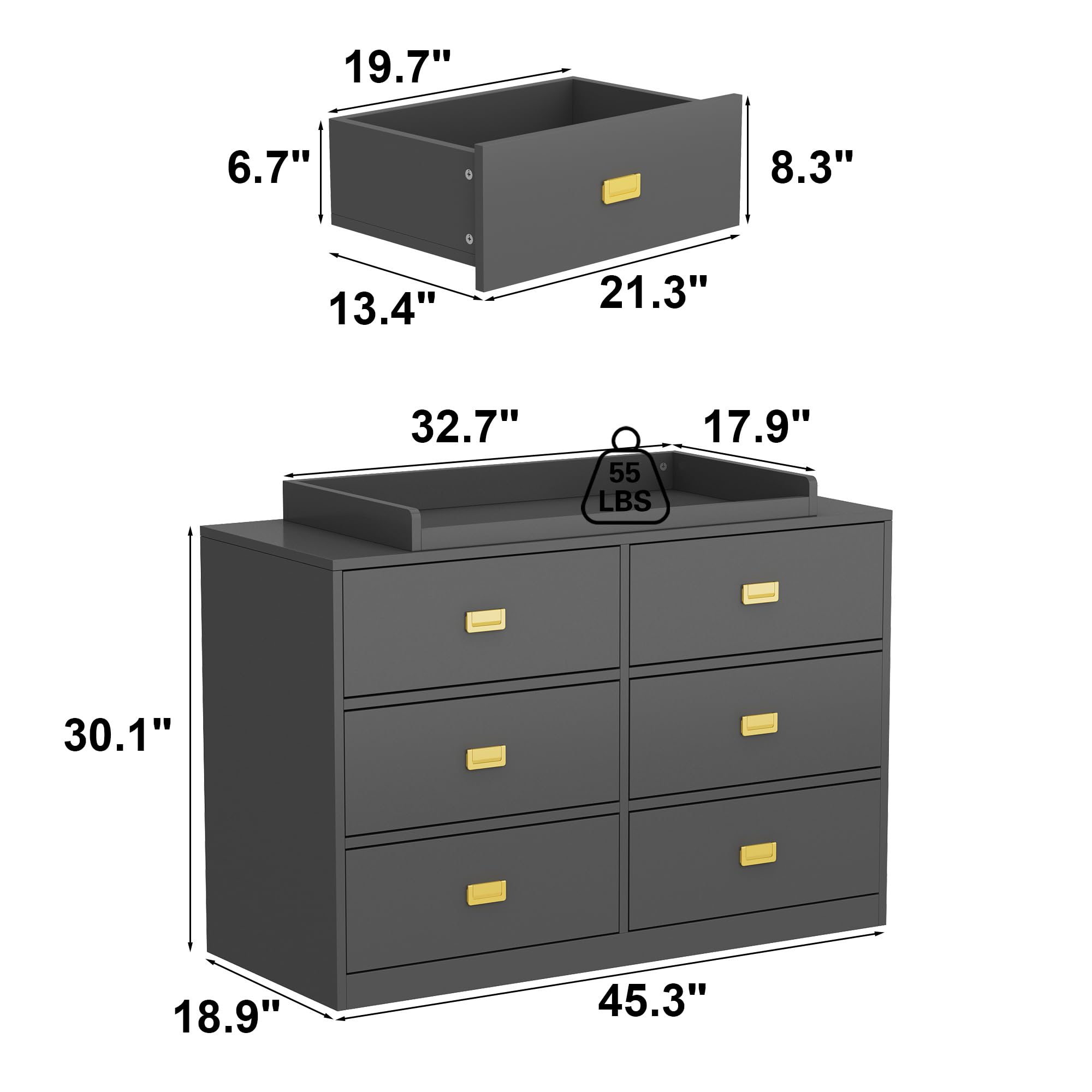 6-Drawer Baby Dresser with Changing Topper - Nursery & Kids Room Storage Organizer for Infant Clothes, Diapers & Essentials - Grey (45.3