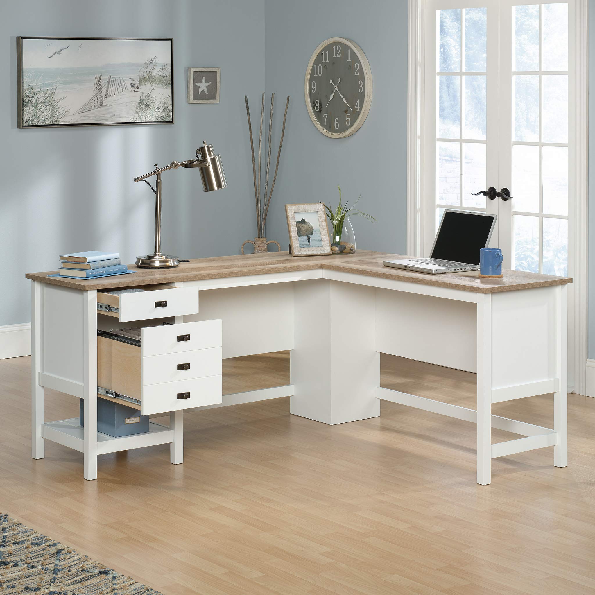 Sauder Cottage Road L-Shaped Computer Desk with Drawers & File Cabinet - Home Office Desk with Cable Management in Soft White Finish - Perfect for Small Spaces & Remote Work Setup