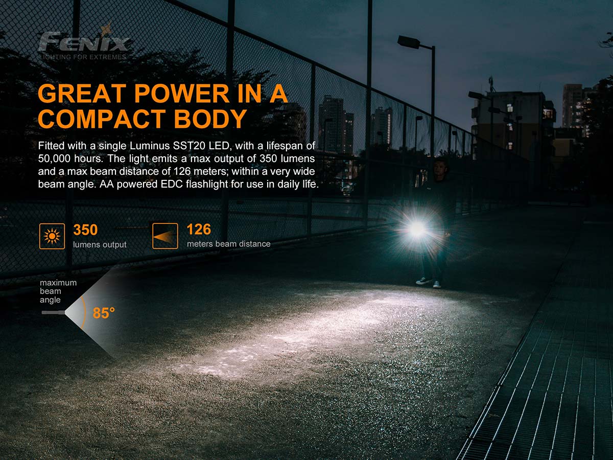 Fenix E20 V2.0 AA Flashlight - 500 Lumens, Waterproof LED Torch for Camping, Hiking & Emergency Use