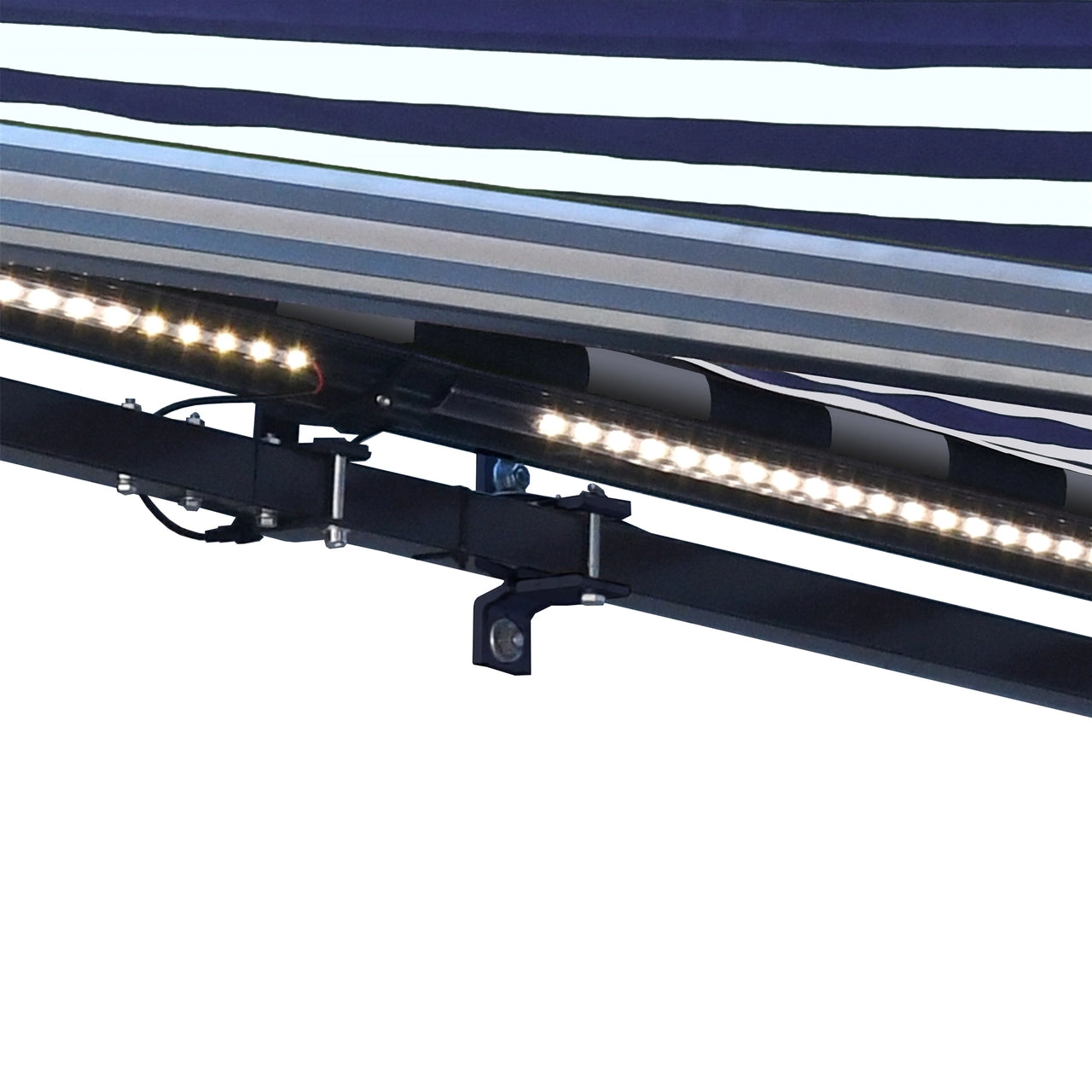 Aleko 16x10 Feet Half Cassette Motorized Retractable LED Patio Awning - Blue & White Stripes for Outdoor Shade & Backyard Relaxation