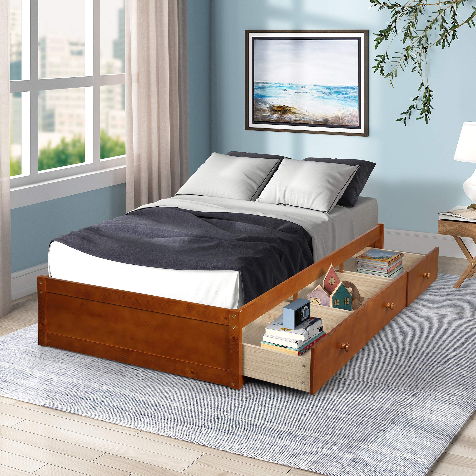 P PURLOVE Twin Size Storage Bed Frame with 3 Drawers - Wooden Platform Bed with Slat Support, No Box Spring Needed - Perfect for Small Bedrooms, Kids Rooms & Dormitories