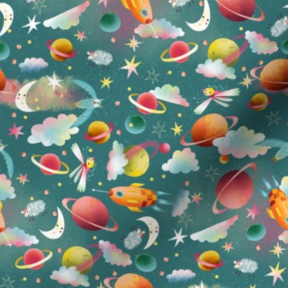 Planets Dream Space Flying Stars Moon Astronomy Printed Fabric - Petal Signature Cotton Fat Quarter for Sewing, Quilting, Apparel & Crafts | Perfect for DIY Home Decor, Space-Themed Bedding & Unique Gift Ideas